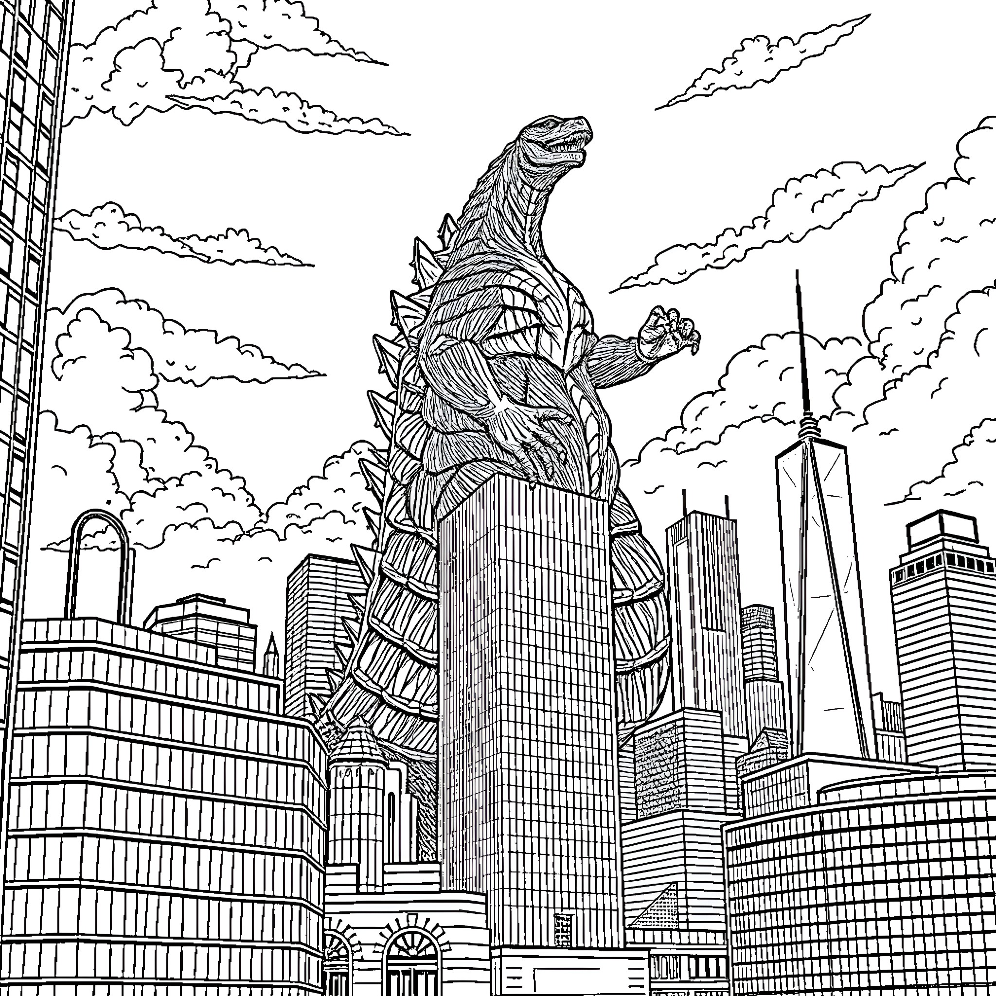 Man in giant monster costume stomps through city skyline Coloring Page (free black-and-white line drawing printable PDF for all, from beginners to advanced learners, including children, teens, adults, and seniors)