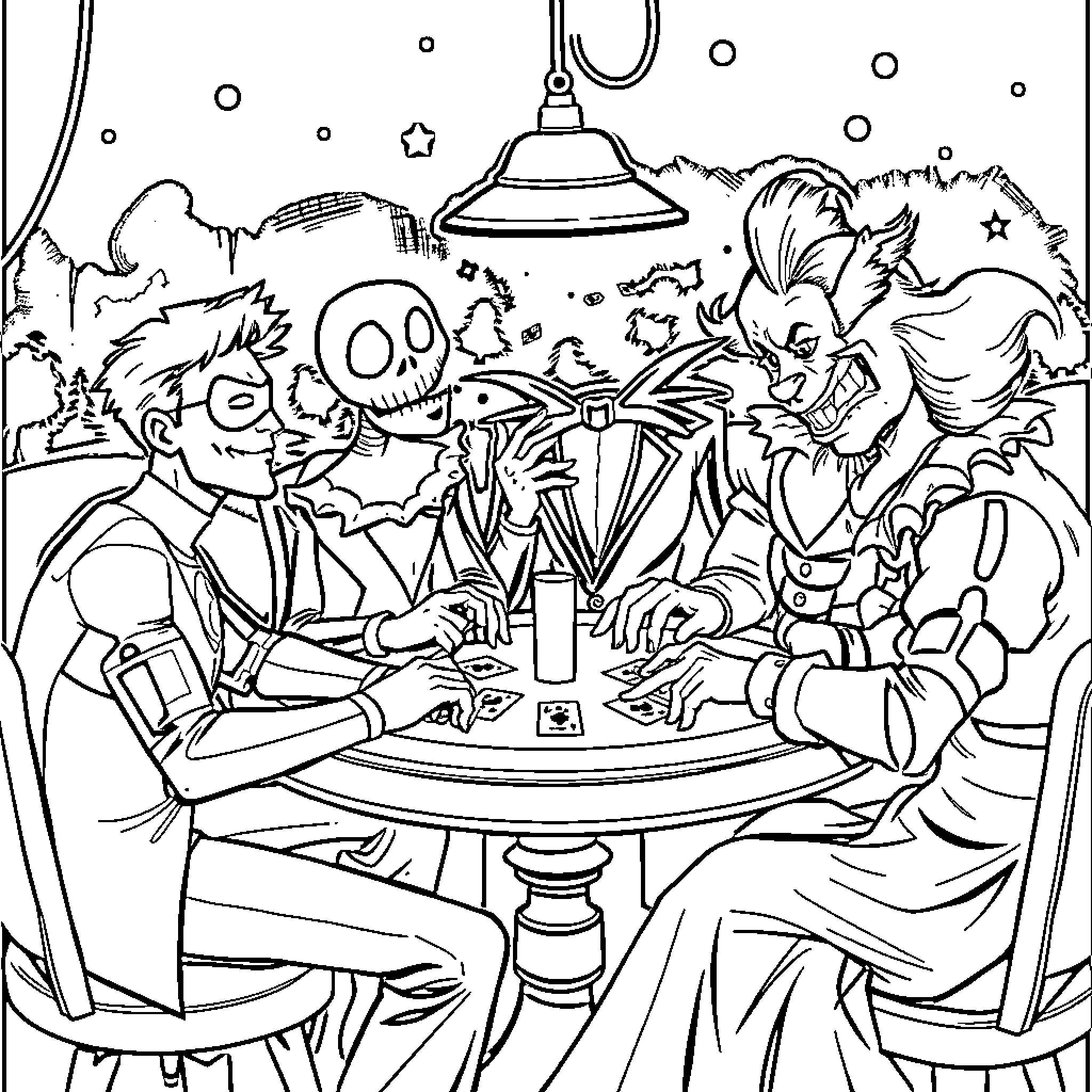 Character Gathering for a Spooky Celebration Coloring Page (free black-and-white line drawing printable PDF for all, from beginners to advanced learners, including children, teens, adults, and seniors)