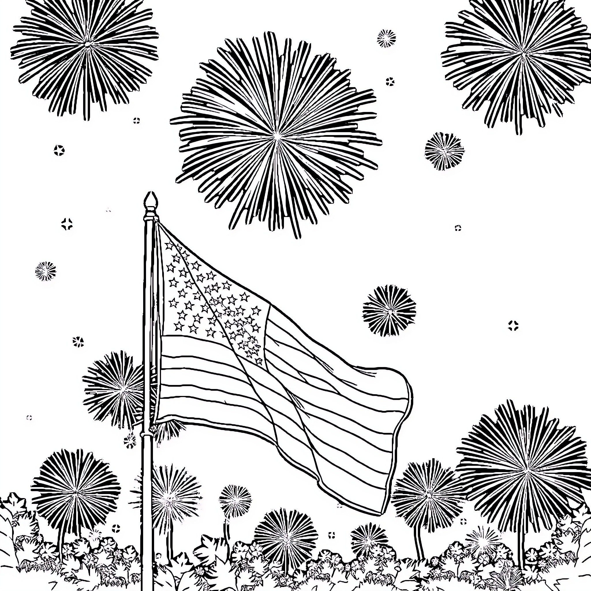 American Flag displayed amidst fireworks display Coloring Page (free black-and-white line drawing printable PDF for all, from beginners to advanced learners, including children, teens, adults, and seniors)