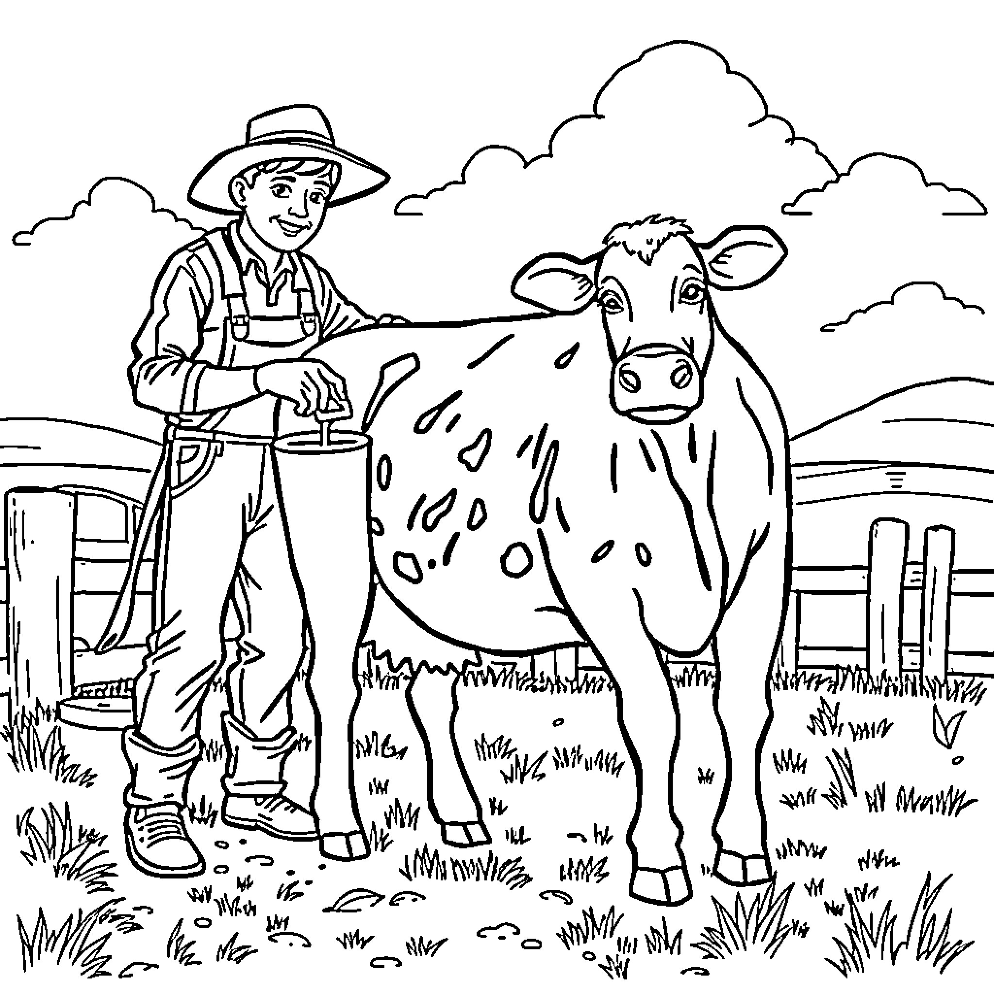Cow being cared for by a friendly farmer Coloring Page (free black-and-white line drawing printable PDF for all, from beginners to advanced learners, including children, teens, adults, and seniors)