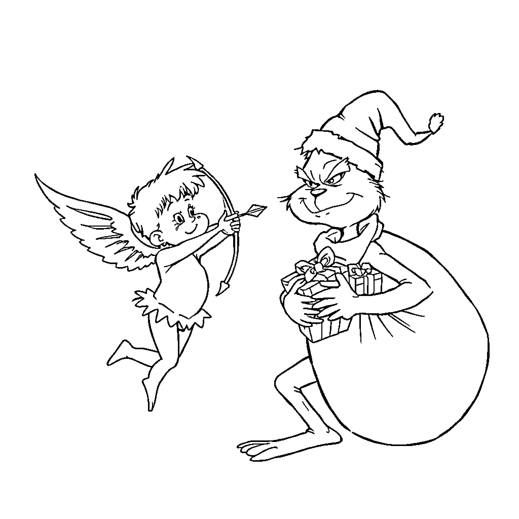 Cupid trying to surprise an elf with gifts Coloring Page (free black-and-white line drawing printable PDF for all, from beginners to advanced learners, including children, teens, adults, and seniors)