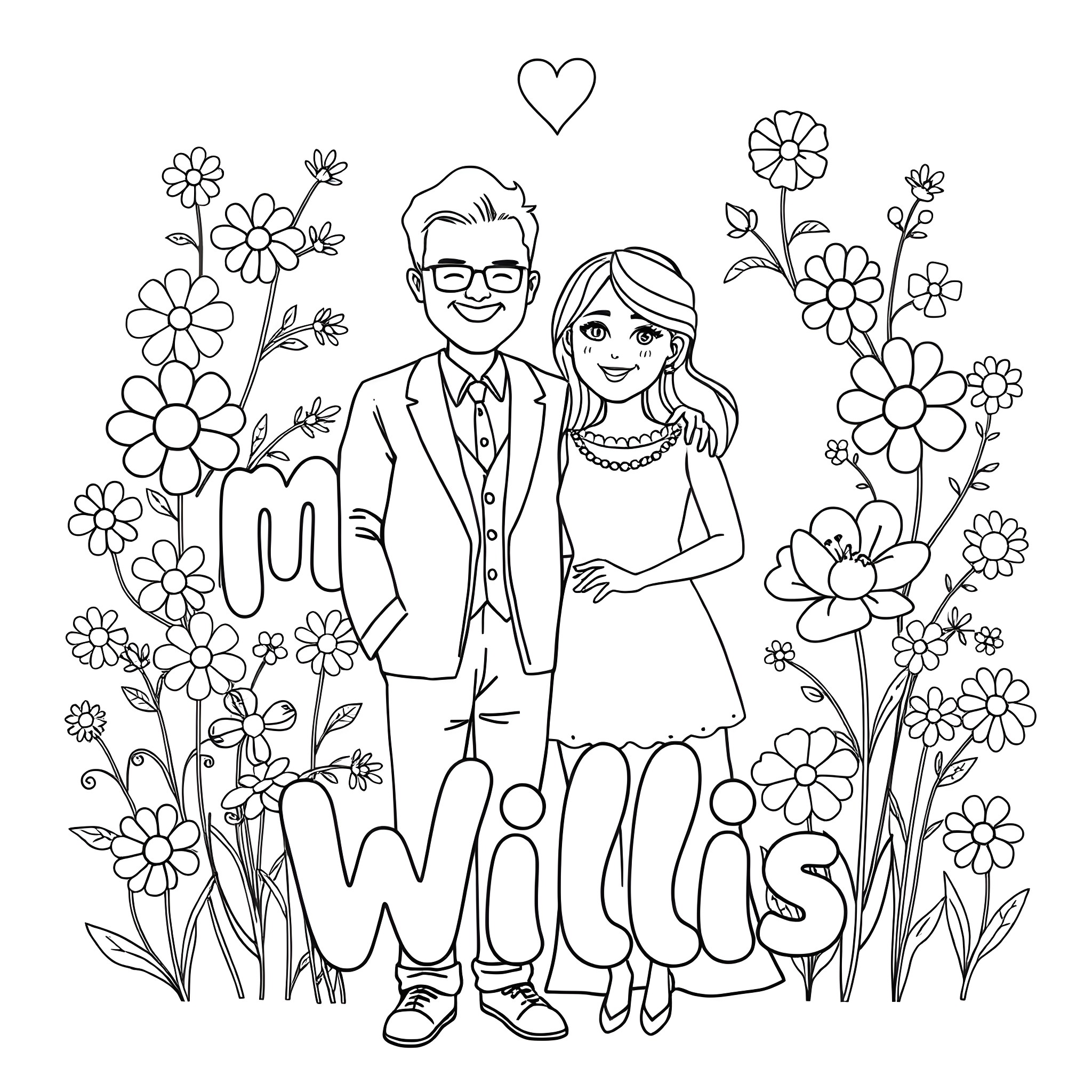 Mr. & Mrs. Willis Posing in a Floral Garden Coloring Page (free black-and-white line drawing printable PDF for all, from beginners to advanced learners, including children, teens, adults, and seniors)