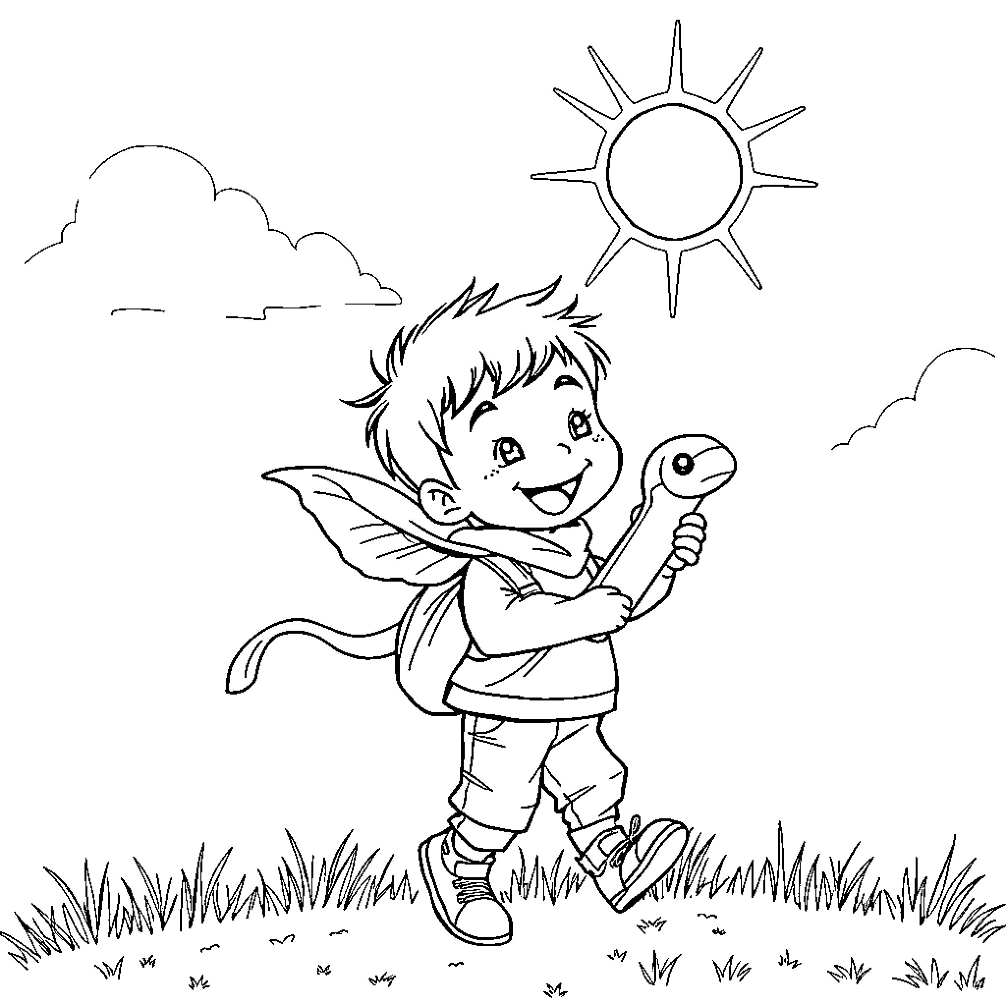 Child exploring nature with a magnifying glass Coloring Page (free black-and-white line drawing printable PDF for all, from beginners to advanced learners, including children, teens, adults, and seniors)
