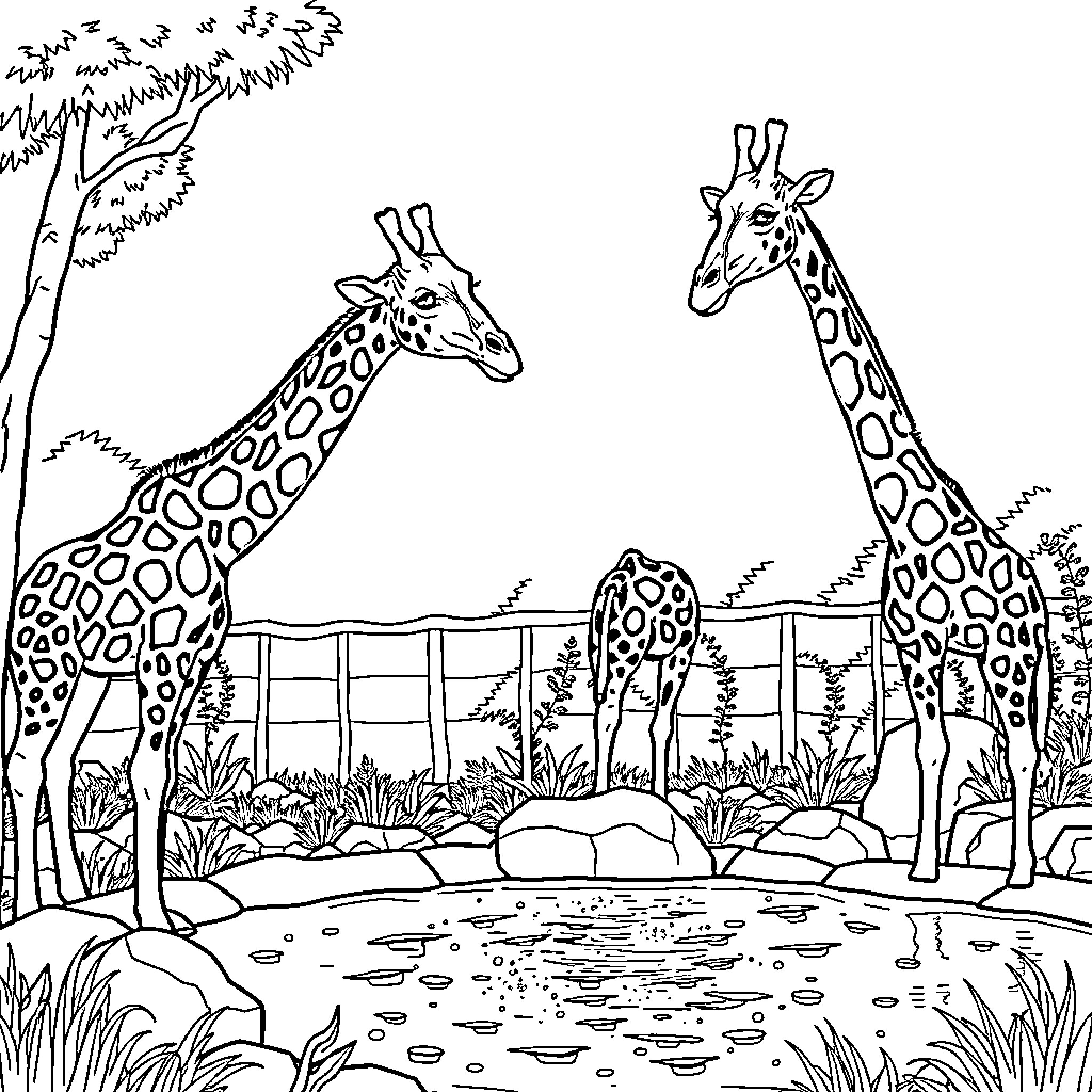 Giraffe wandering in the tranquil zoo setting Coloring Page (free black-and-white line drawing printable PDF for all, from beginners to advanced learners, including children, teens, adults, and seniors)