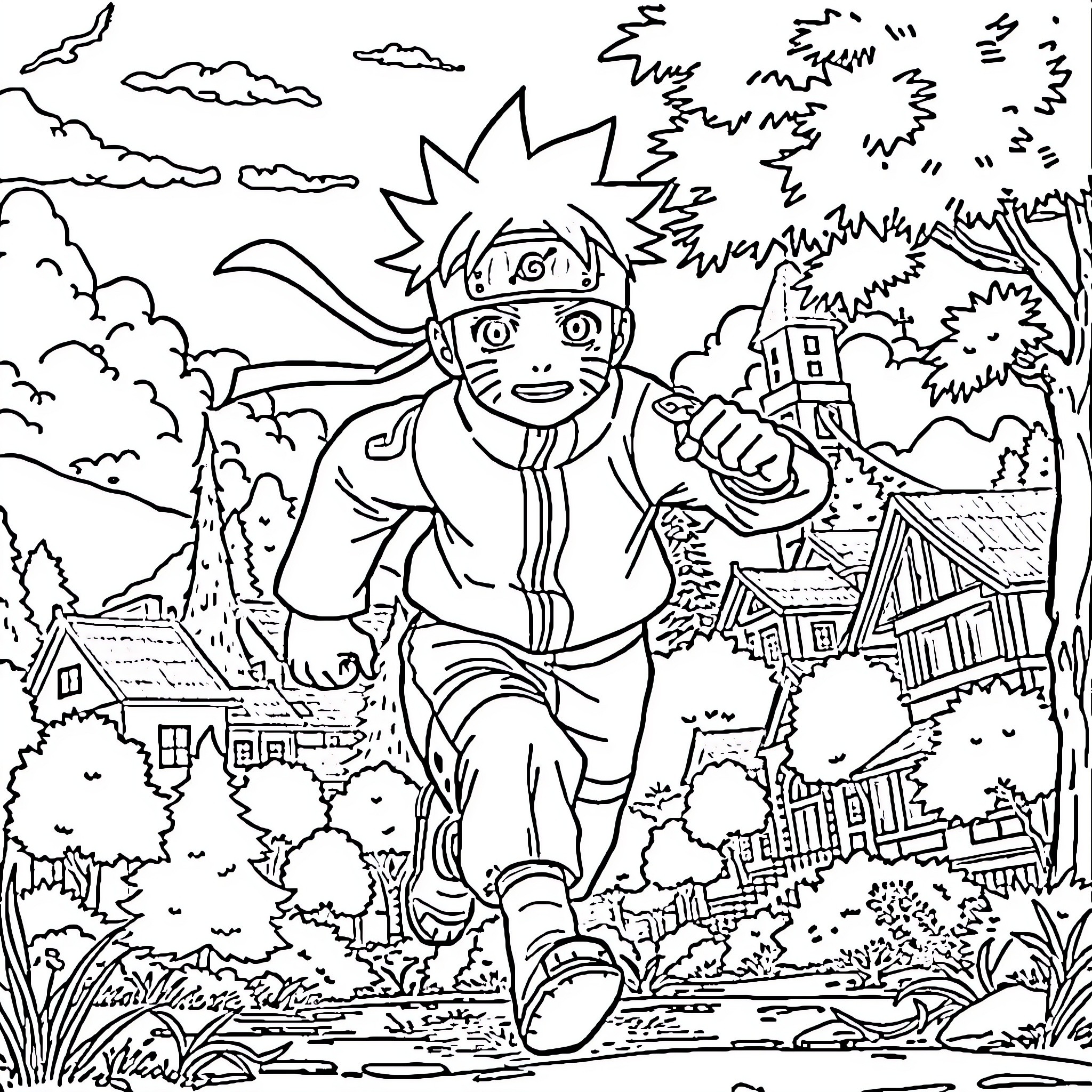 Naruto running enthusiastically through a scenic village Coloring Page (free black-and-white line drawing printable PDF for all, from beginners to advanced learners, including children, teens, adults, and seniors)