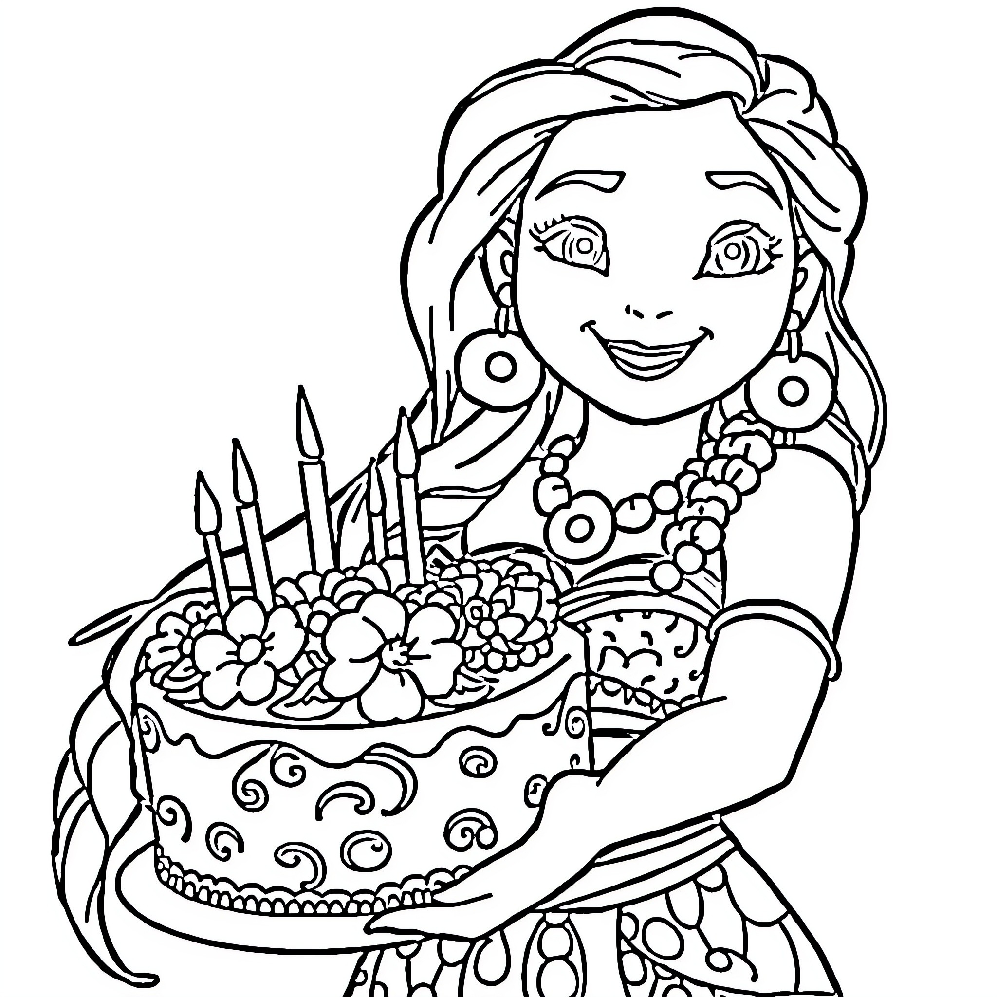 Moana holding a festive birthday cake Coloring Page (free black-and-white line drawing printable PDF for all, from beginners to advanced learners, including children, teens, adults, and seniors)