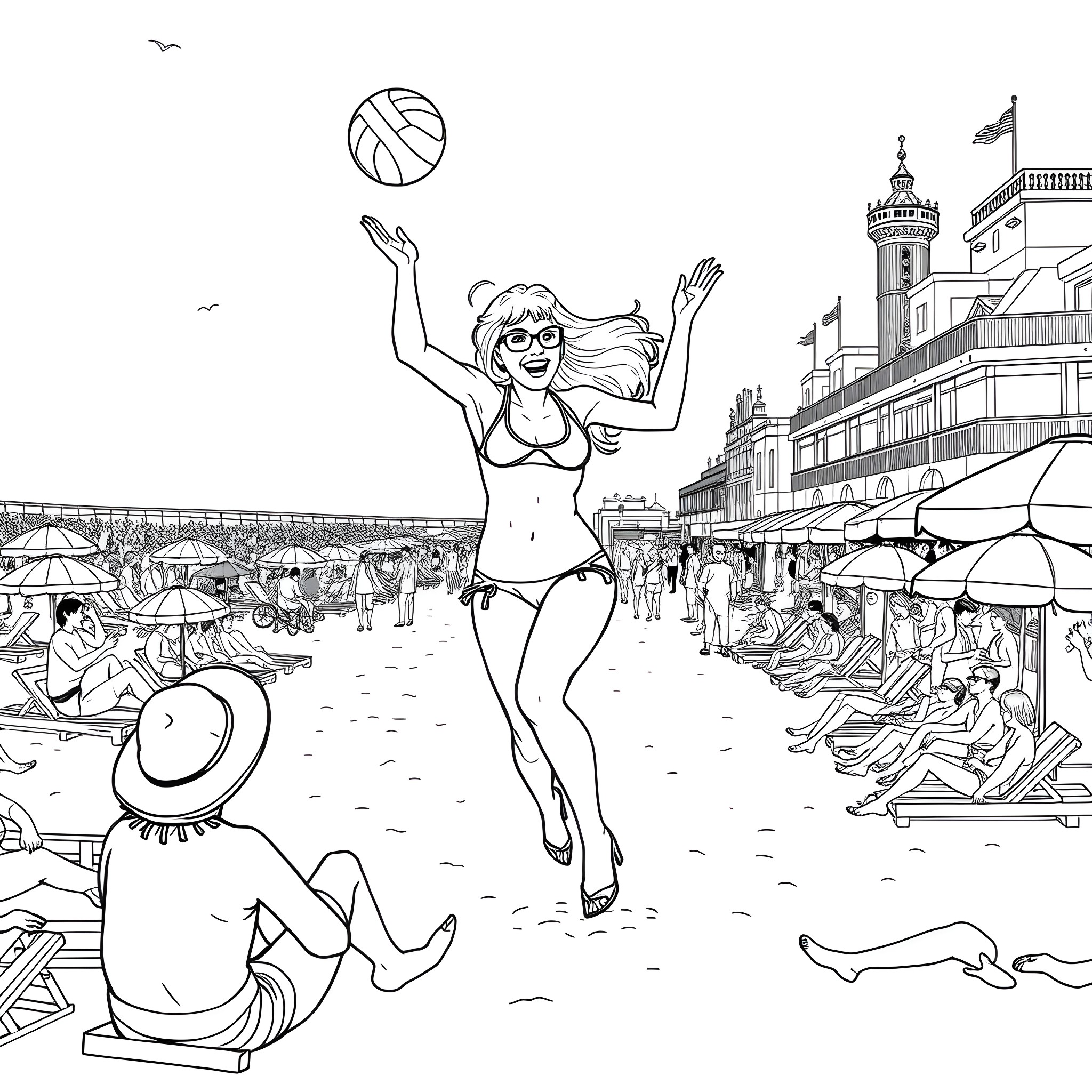 Jetset Willy enjoying a beach volleyball game in a lively seaside town Coloring Page (free black-and-white line drawing printable PDF for all, from beginners to advanced learners, including children, teens, adults, and seniors)