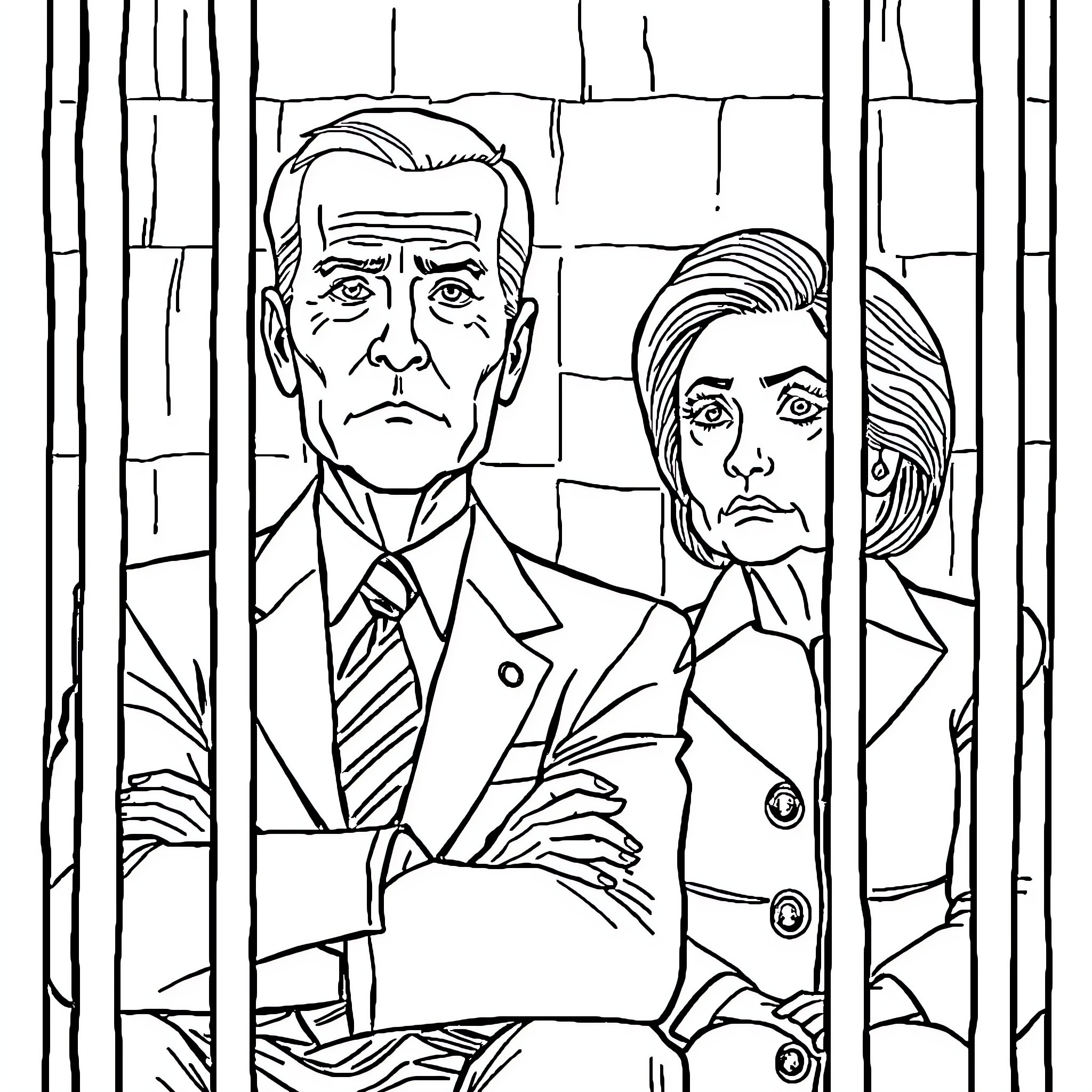 Biden and Clinton in contemplative poses Coloring Page (free black-and-white line drawing printable PDF for all, from beginners to advanced learners, including children, teens, adults, and seniors)
