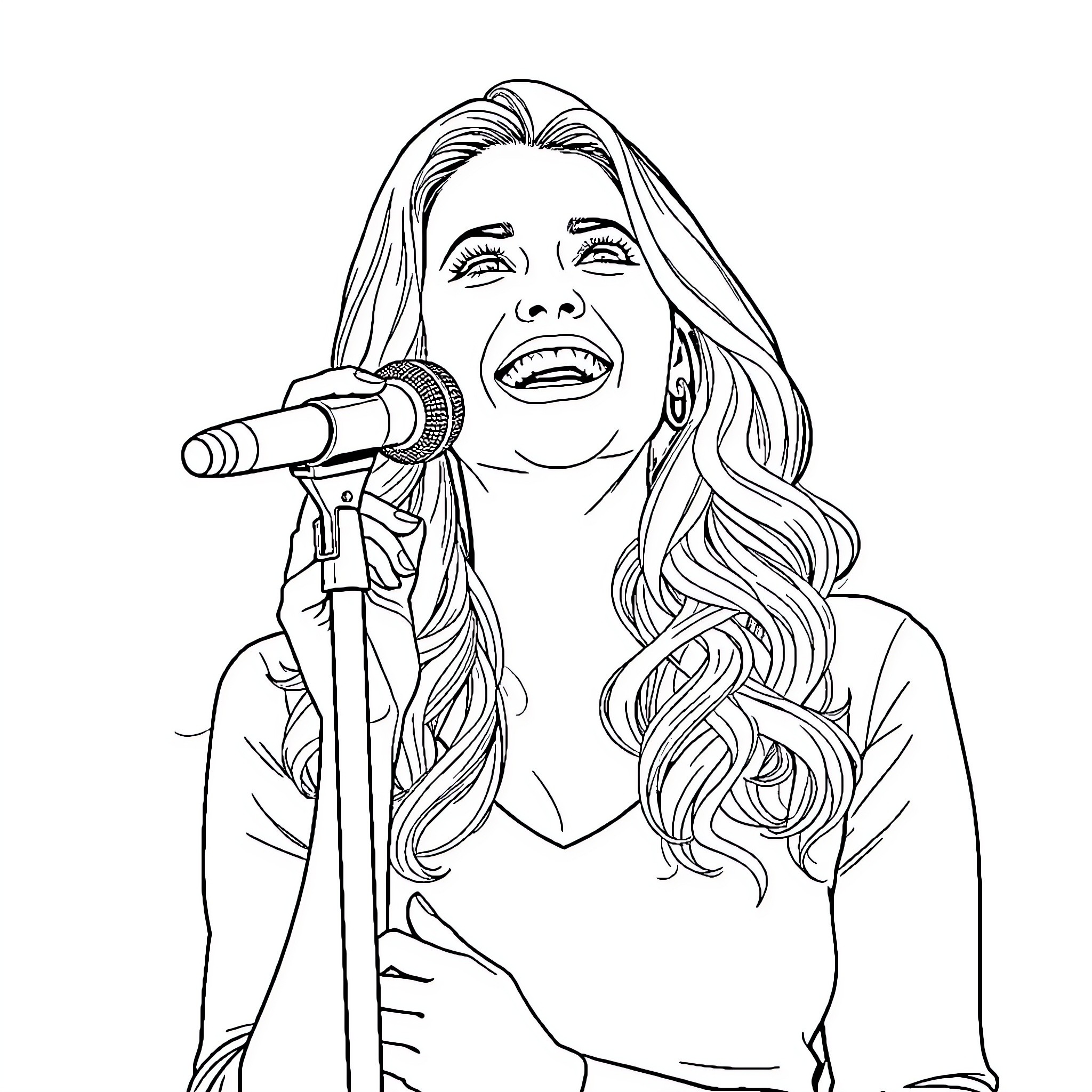 Kylie Cantrall performing on stage with microphone Coloring Page (free black-and-white line drawing printable PDF for all, from beginners to advanced learners, including children, teens, adults, and seniors)