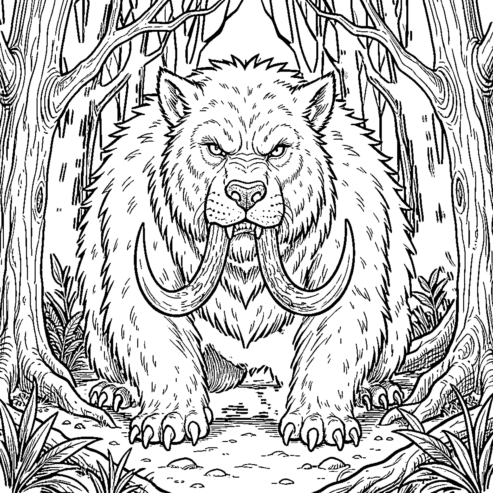 Gruffalo staring intensely amidst a dense forest Coloring Page (free black-and-white line drawing printable PDF for all, from beginners to advanced learners, including children, teens, adults, and seniors)
