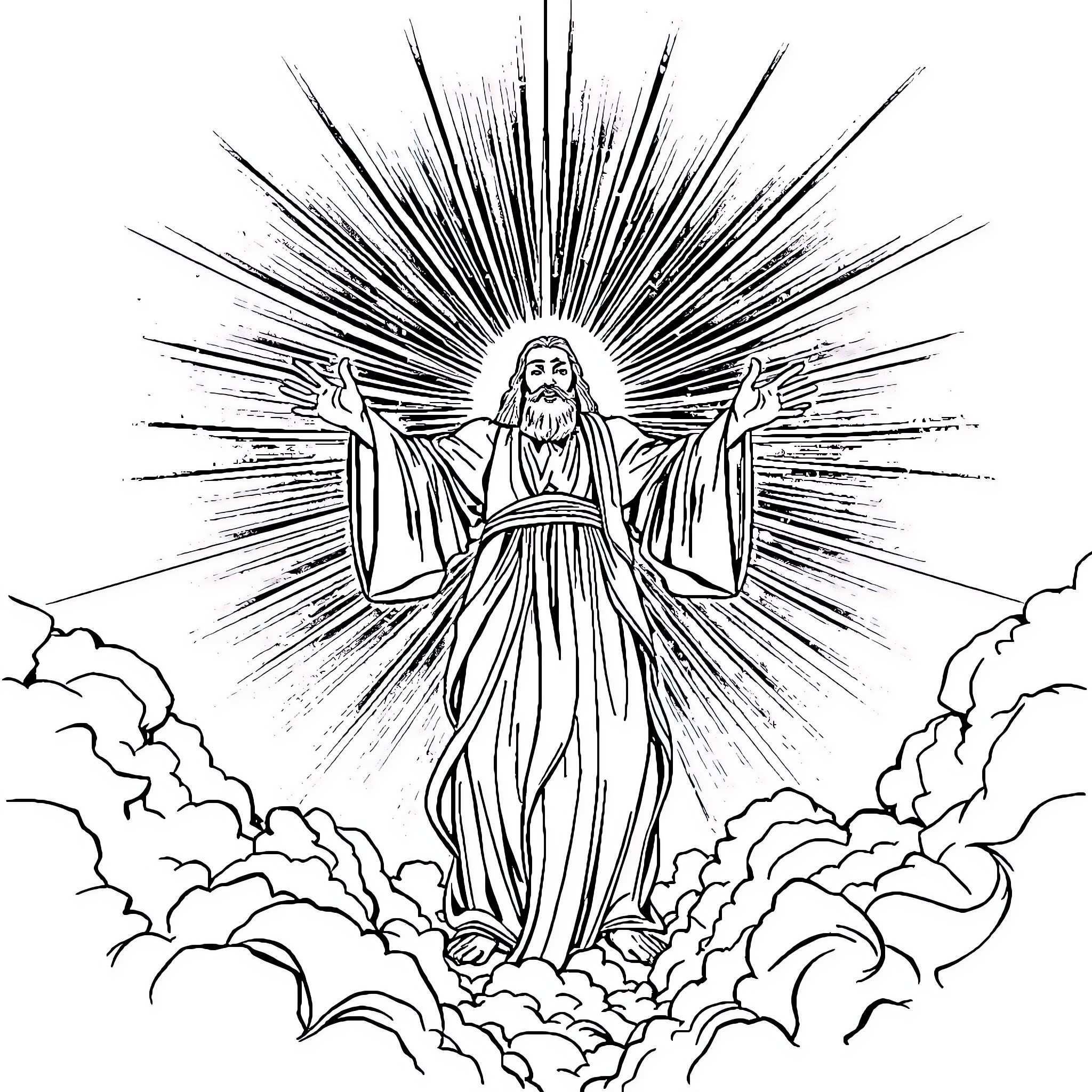 God's Glorious Ascension in the Heavens Coloring Page (free black-and-white line drawing printable PDF for all, from beginners to advanced learners, including children, teens, adults, and seniors)