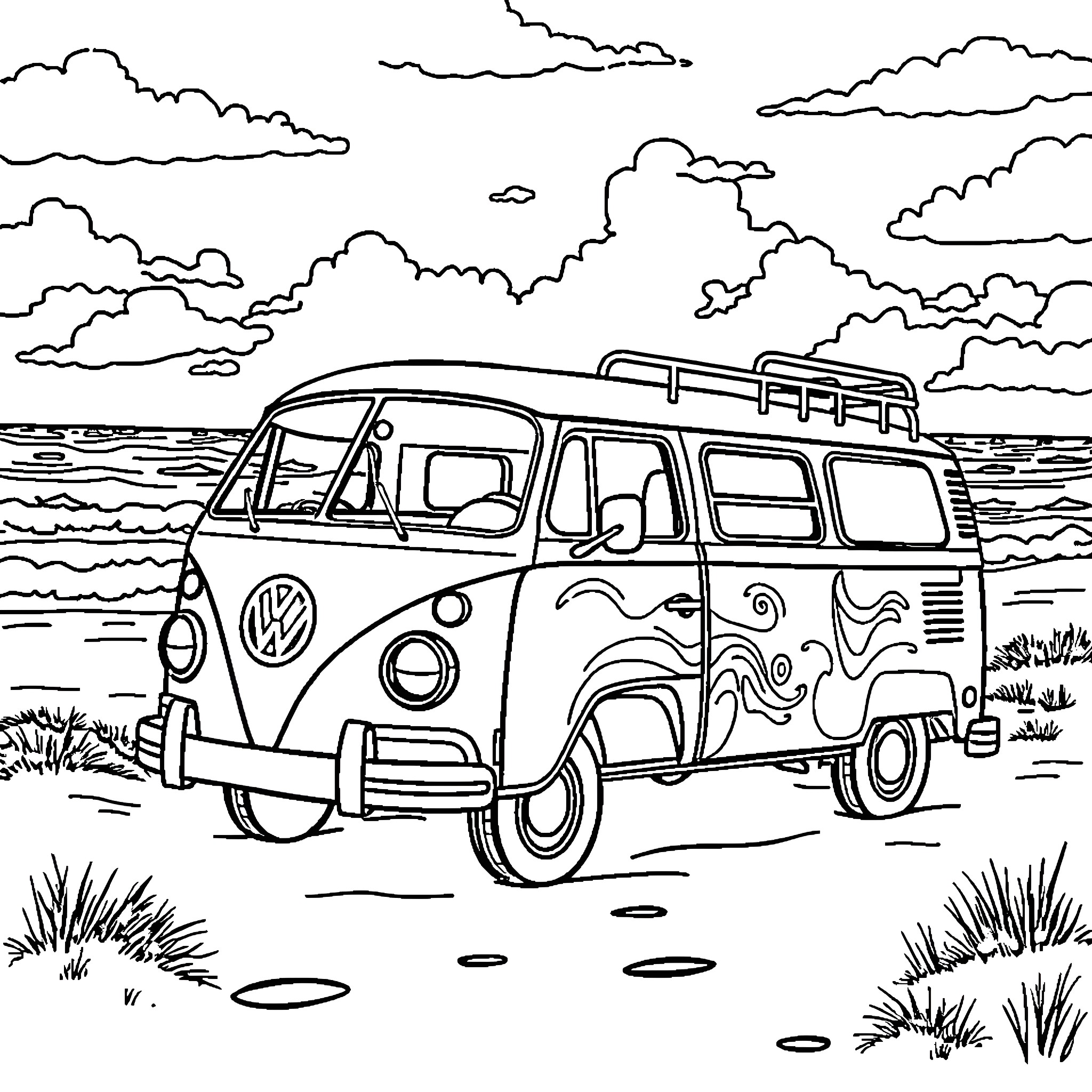 VW Camper van on a beach scenic view Coloring Page (free black-and-white line drawing printable PDF for all, from beginners to advanced learners, including children, teens, adults, and seniors)
