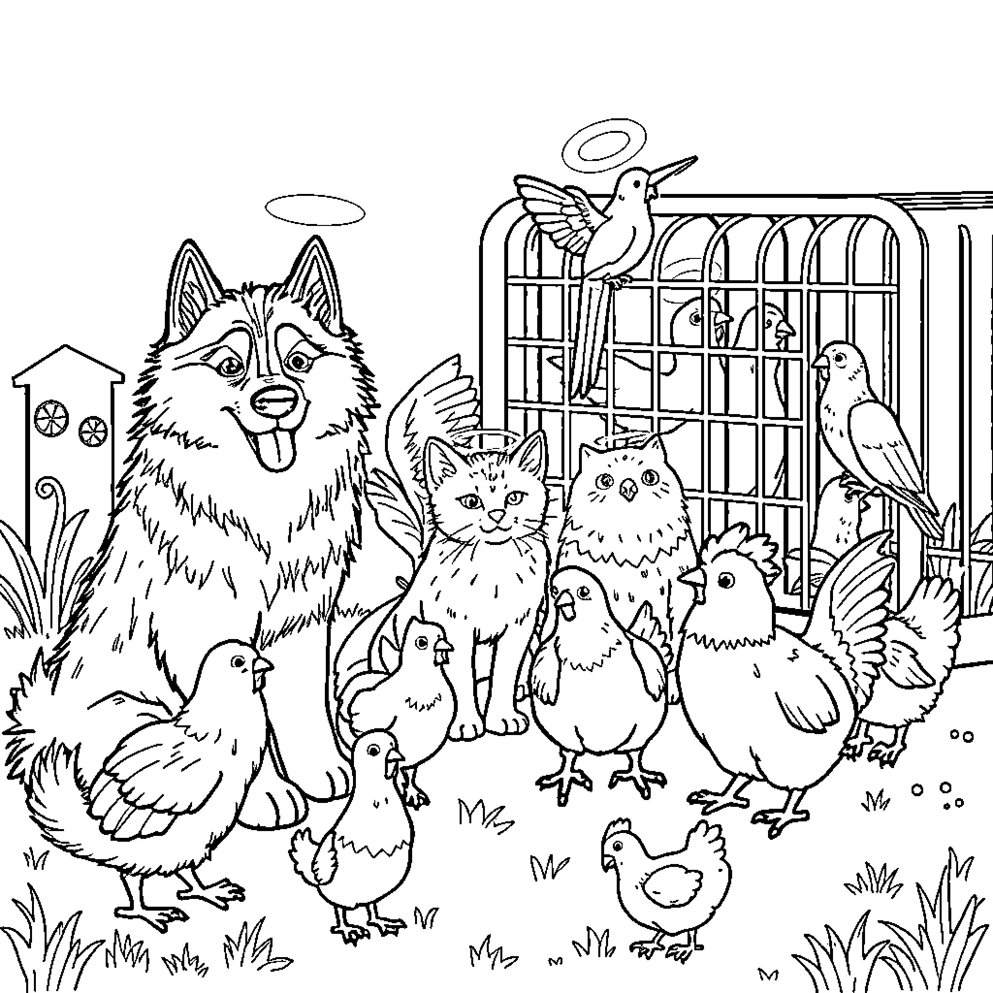 Husky and Domestic Animals in Backyard Scene Coloring Page (free black-and-white line drawing printable PDF for all, from beginners to advanced learners, including children, teens, adults, and seniors)