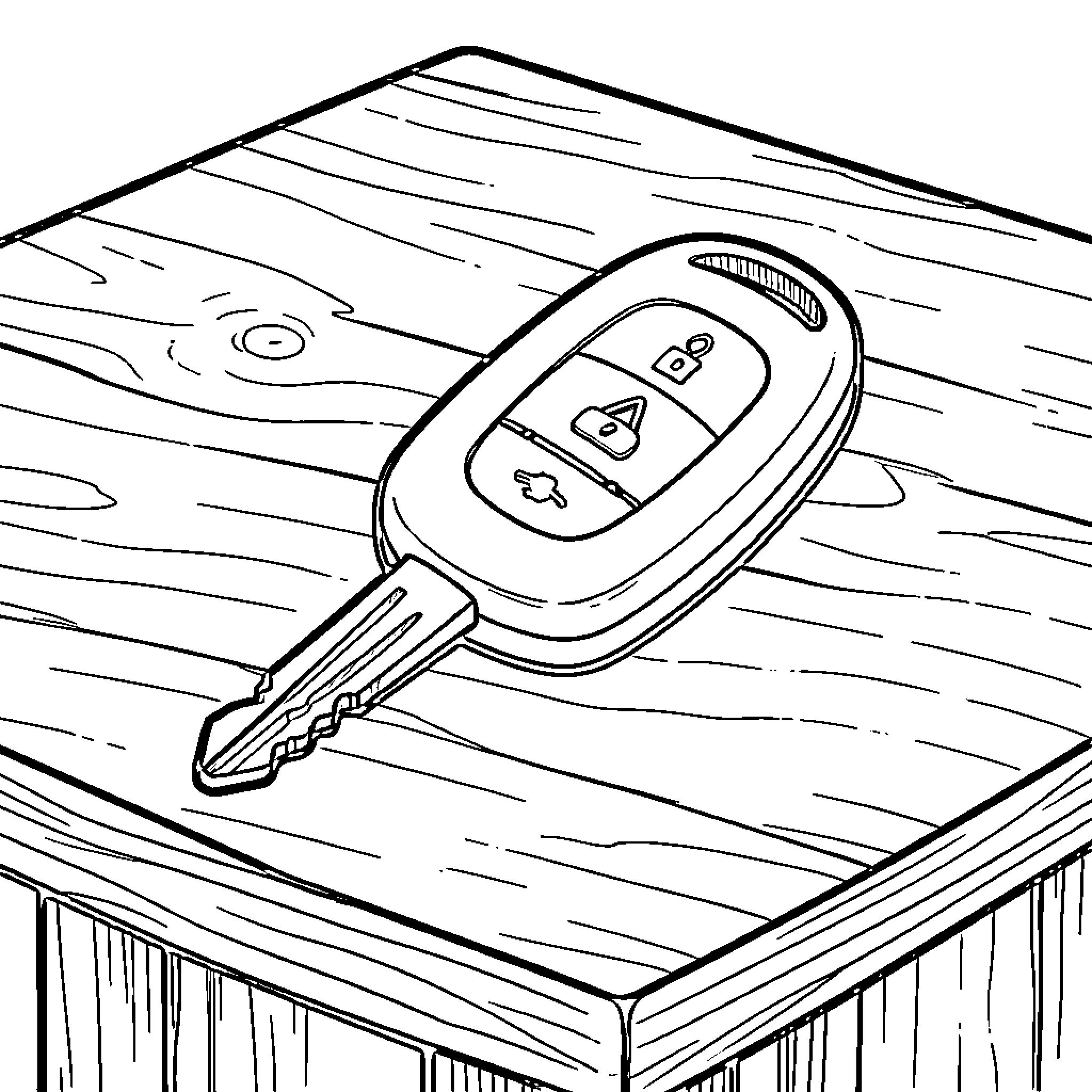 Renault Clio car key on wooden surface Coloring Page (free black-and-white line drawing printable PDF for all, from beginners to advanced learners, including children, teens, adults, and seniors)