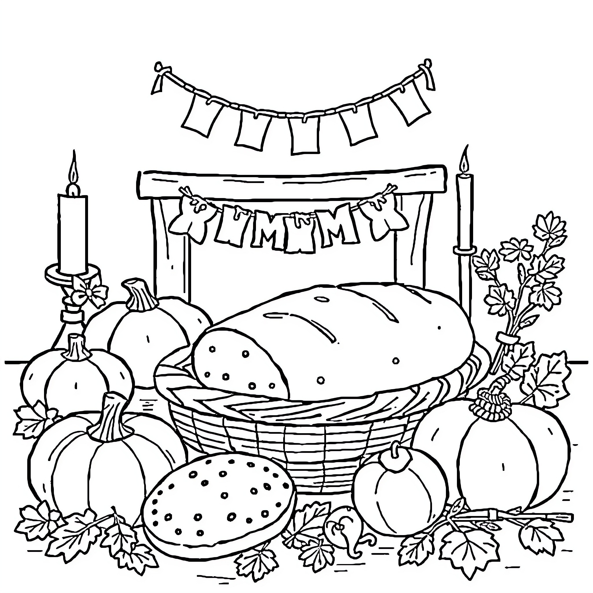 Lammas celebration with harvest baskets and decorations Coloring Page (free black-and-white line drawing printable PDF for all, from beginners to advanced learners, including children, teens, adults, and seniors)