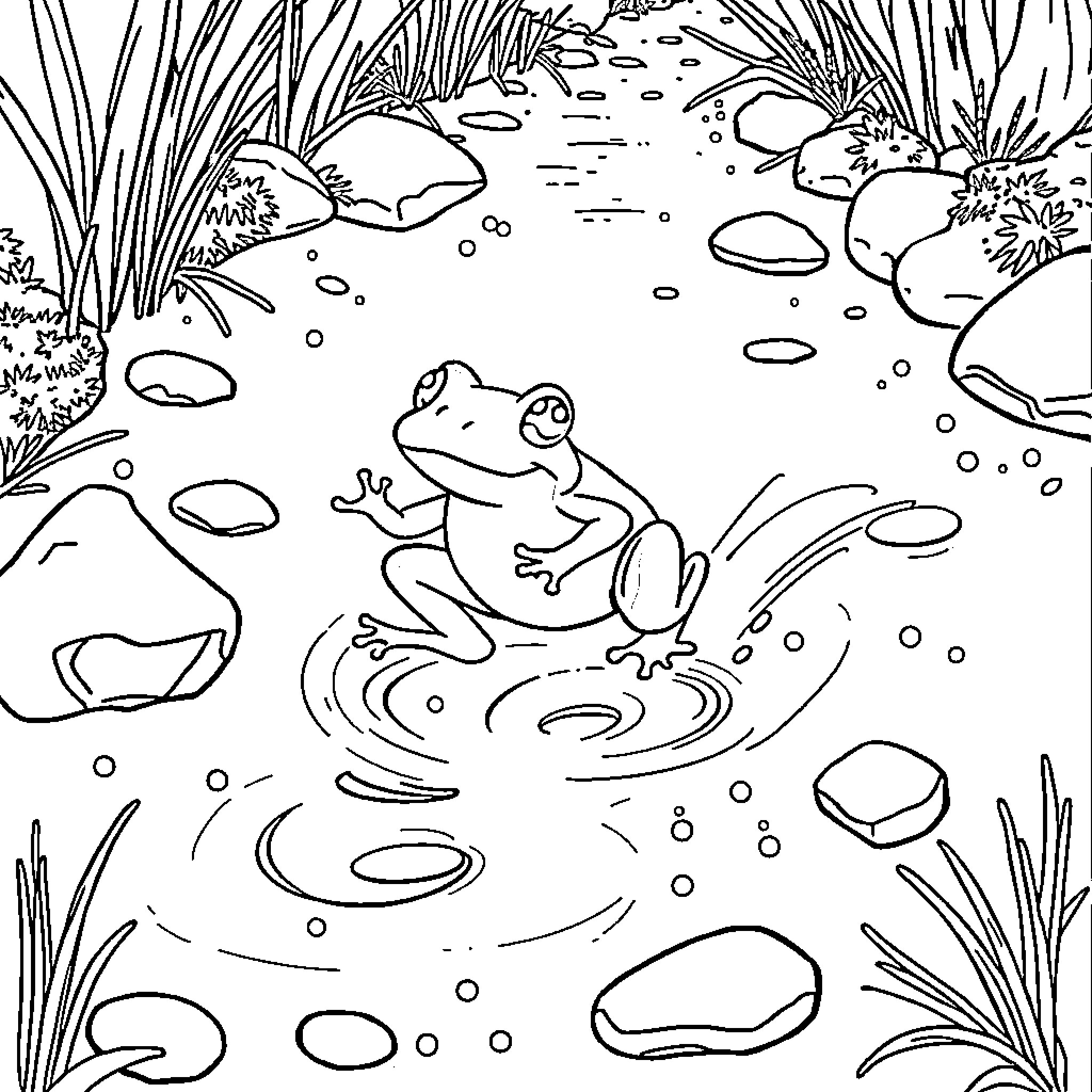 Frog swimming in a pond with rocks and plants Coloring Page (free black-and-white line drawing printable PDF for all, from beginners to advanced learners, including children, teens, adults, and seniors)