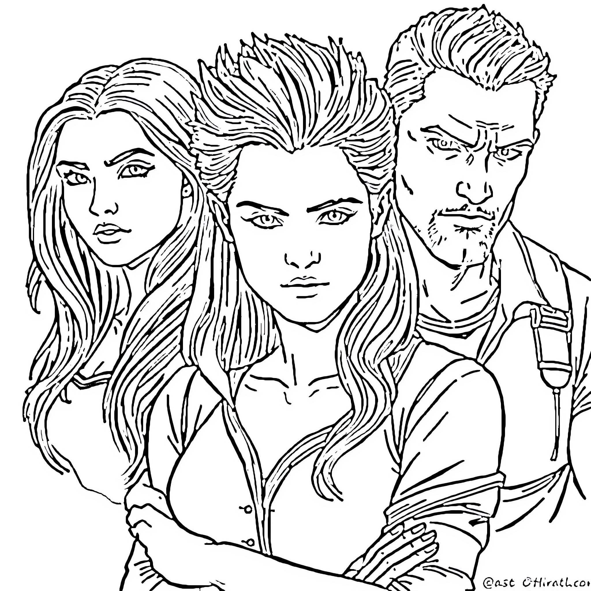 Character trio with expressive faces and edgy hairstyles Coloring Page (free black-and-white line drawing printable PDF for all, from beginners to advanced learners, including children, teens, adults, and seniors)