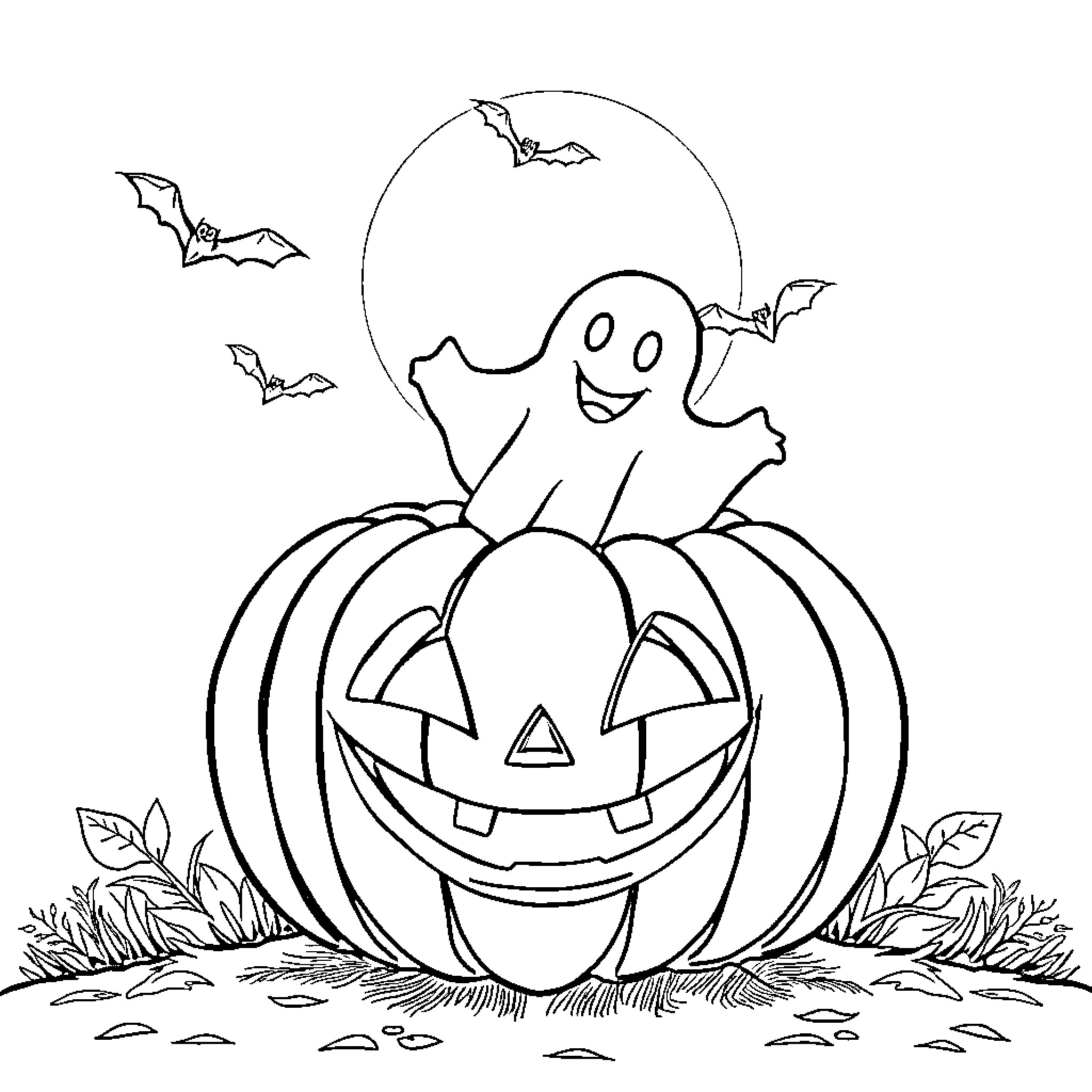 Pumpkin with a happy ghost on Halloween night Coloring Page (free black-and-white line drawing printable PDF for all, from beginners to advanced learners, including children, teens, adults, and seniors)