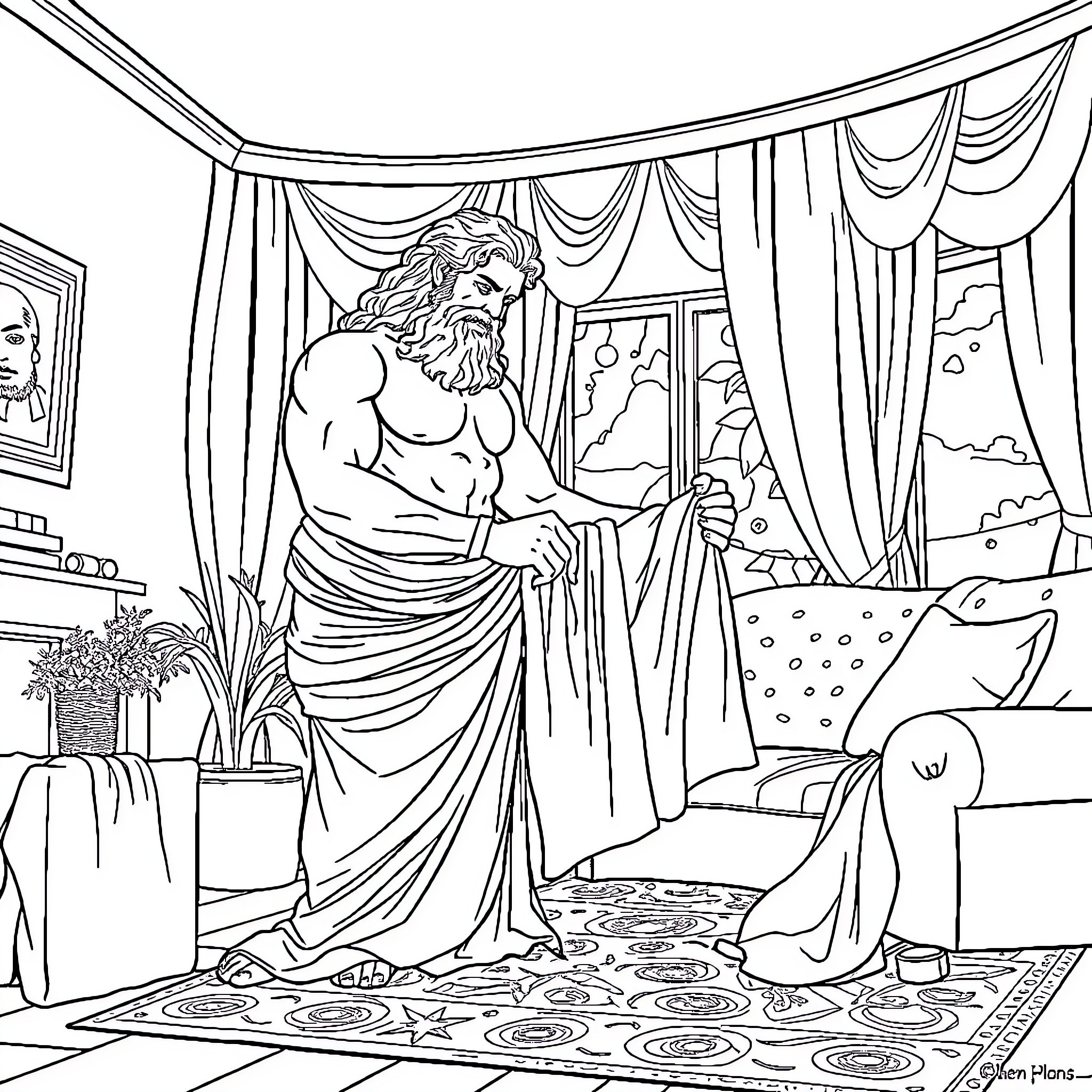 Zeus, the Mighty Olympian, Presides Over His Domain Coloring Page (free black-and-white line drawing printable PDF for all, from beginners to advanced learners, including children, teens, adults, and seniors)