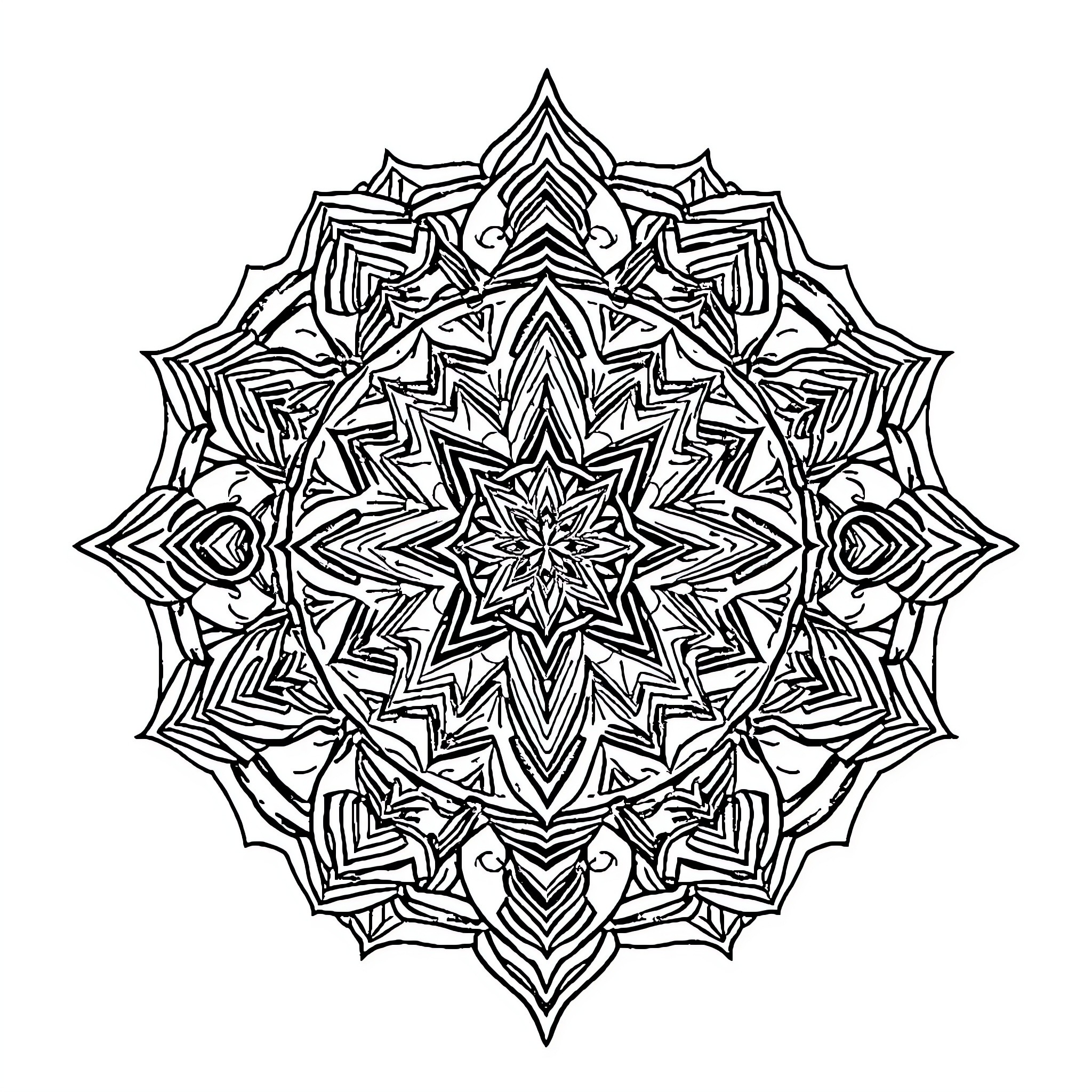 Geometry of intricate mandala design Coloring Page (free black-and-white line drawing printable PDF for all, from beginners to advanced learners, including children, teens, adults, and seniors)
