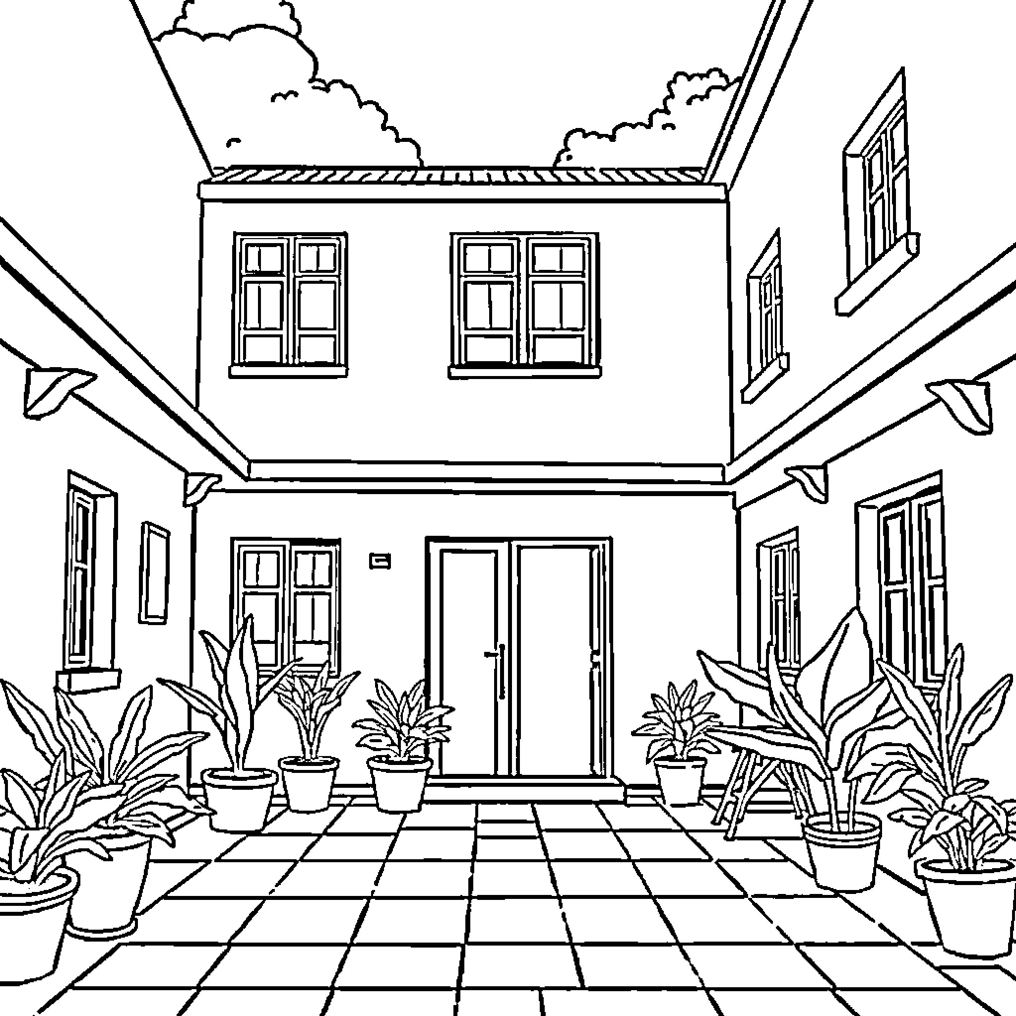 Diana's Courtyard: A Serene Outdoor Retreat Coloring Page (free black-and-white line drawing printable PDF for all, from beginners to advanced learners, including children, teens, adults, and seniors)