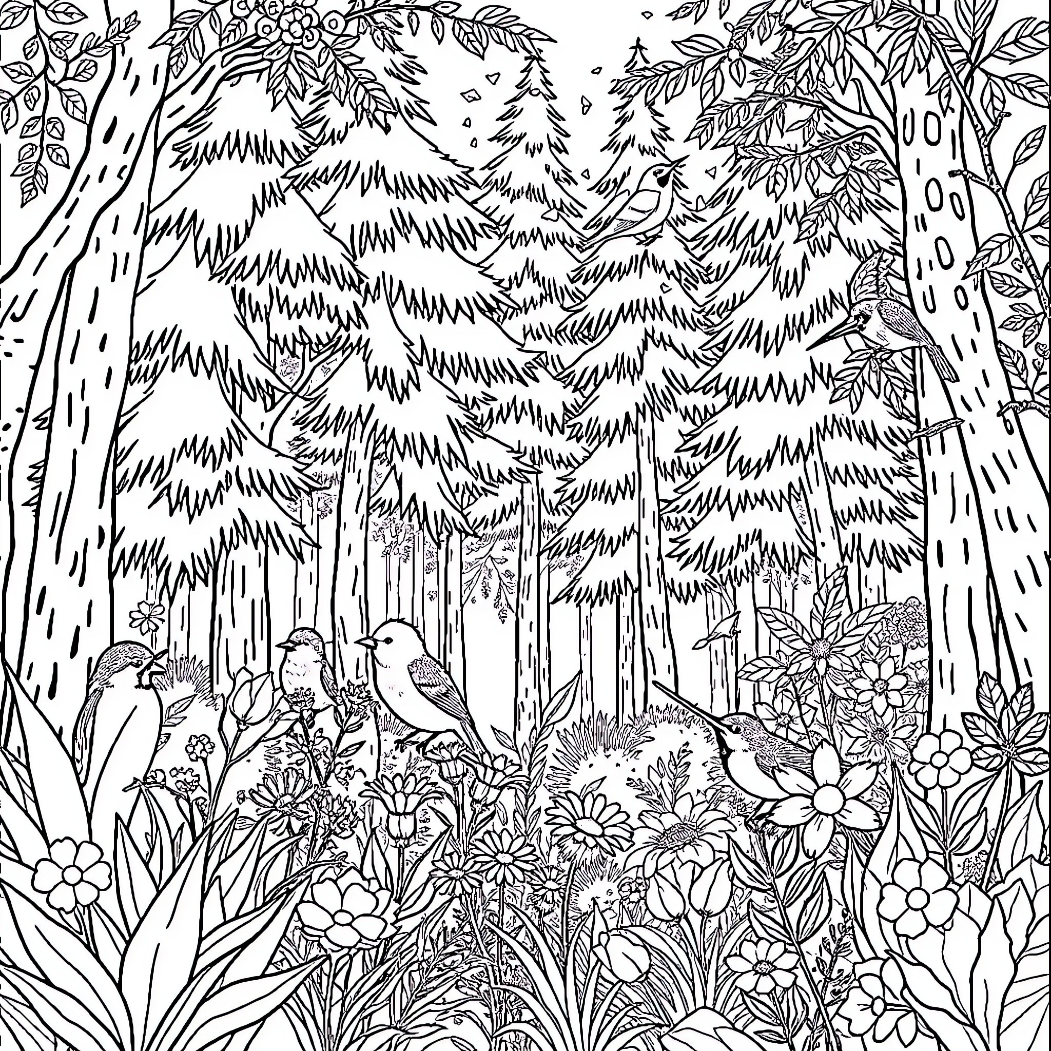 Nature's Enchanting Forest Scene Coloring Page (free black-and-white line drawing printable PDF for all, from beginners to advanced learners, including children, teens, adults, and seniors)