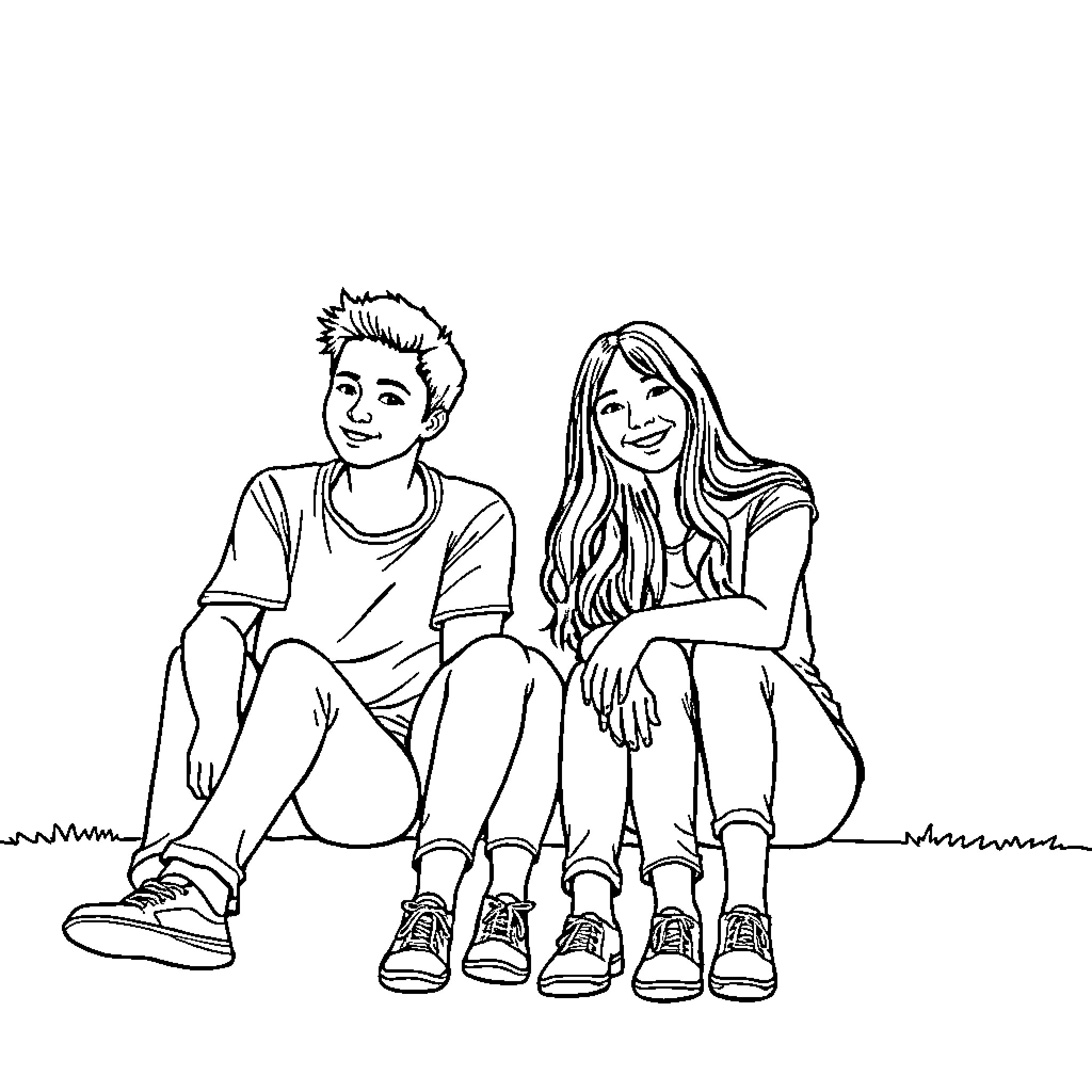 Three Friends Sitting Together Happily Coloring Page (free black-and-white line drawing printable PDF for all, from beginners to advanced learners, including children, teens, adults, and seniors)