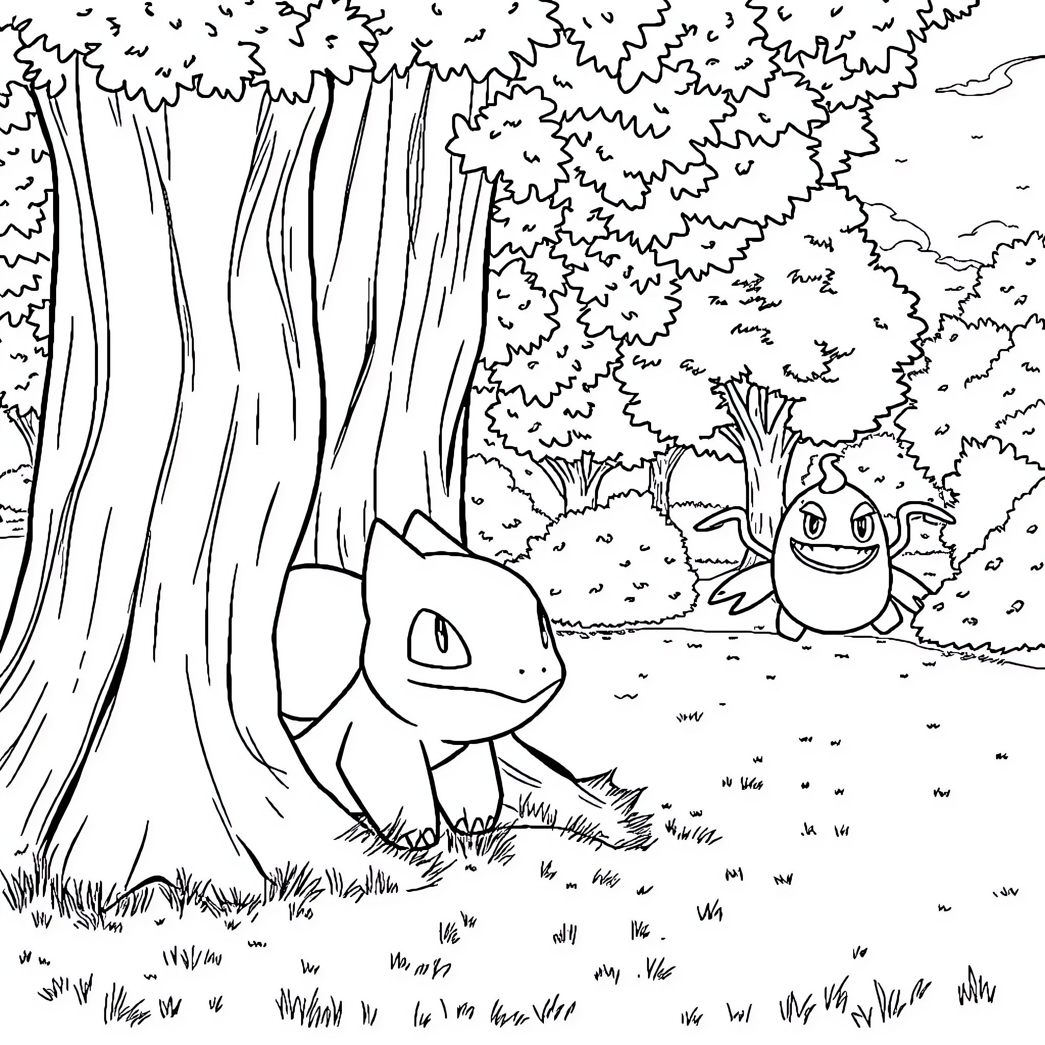 Bulbasaur enjoying a peaceful forest scene Coloring Page (free black-and-white line drawing printable PDF for all, from beginners to advanced learners, including children, teens, adults, and seniors)