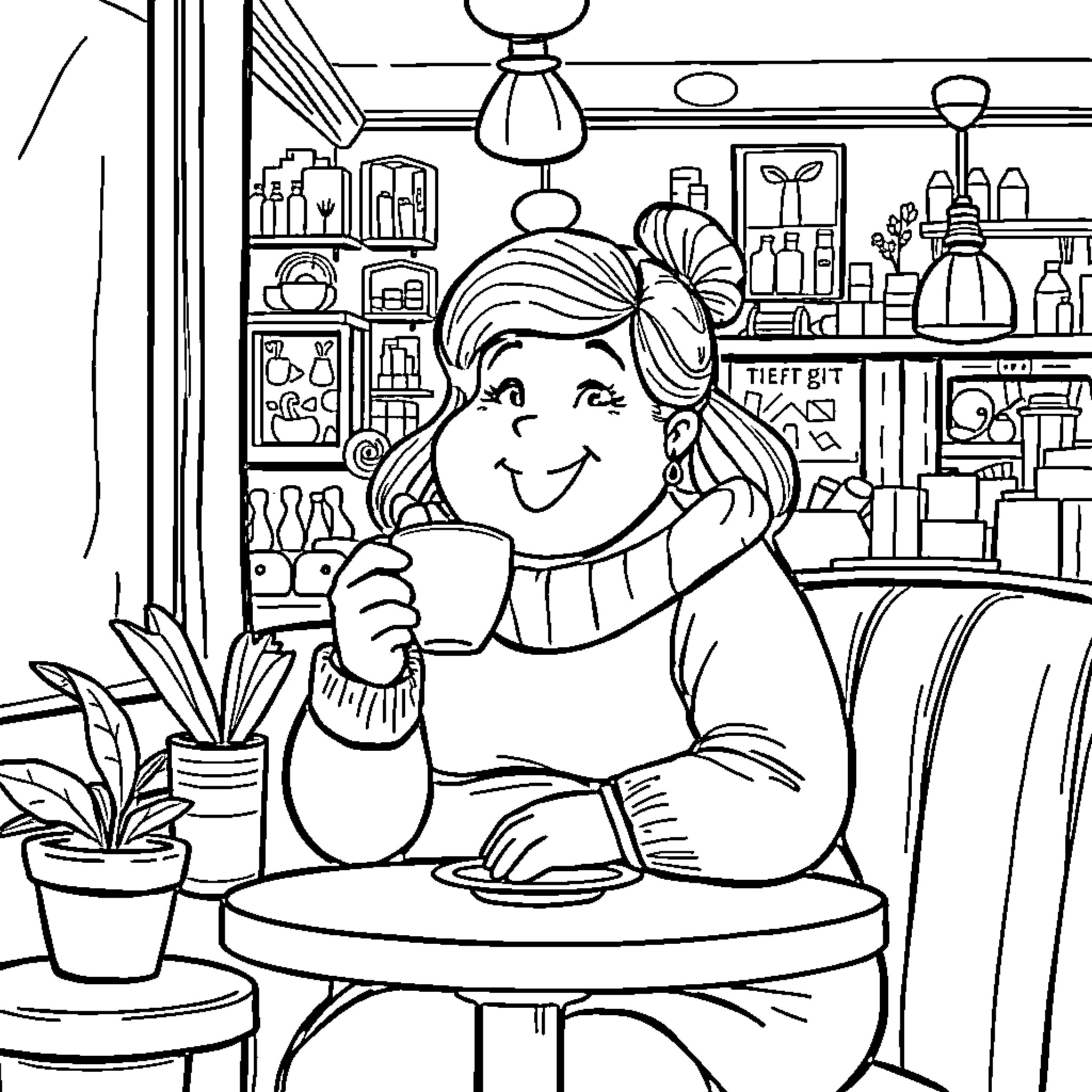 Girl enjoying a warm beverage in a cozy cafe Coloring Page (free black-and-white line drawing printable PDF for all, from beginners to advanced learners, including children, teens, adults, and seniors)