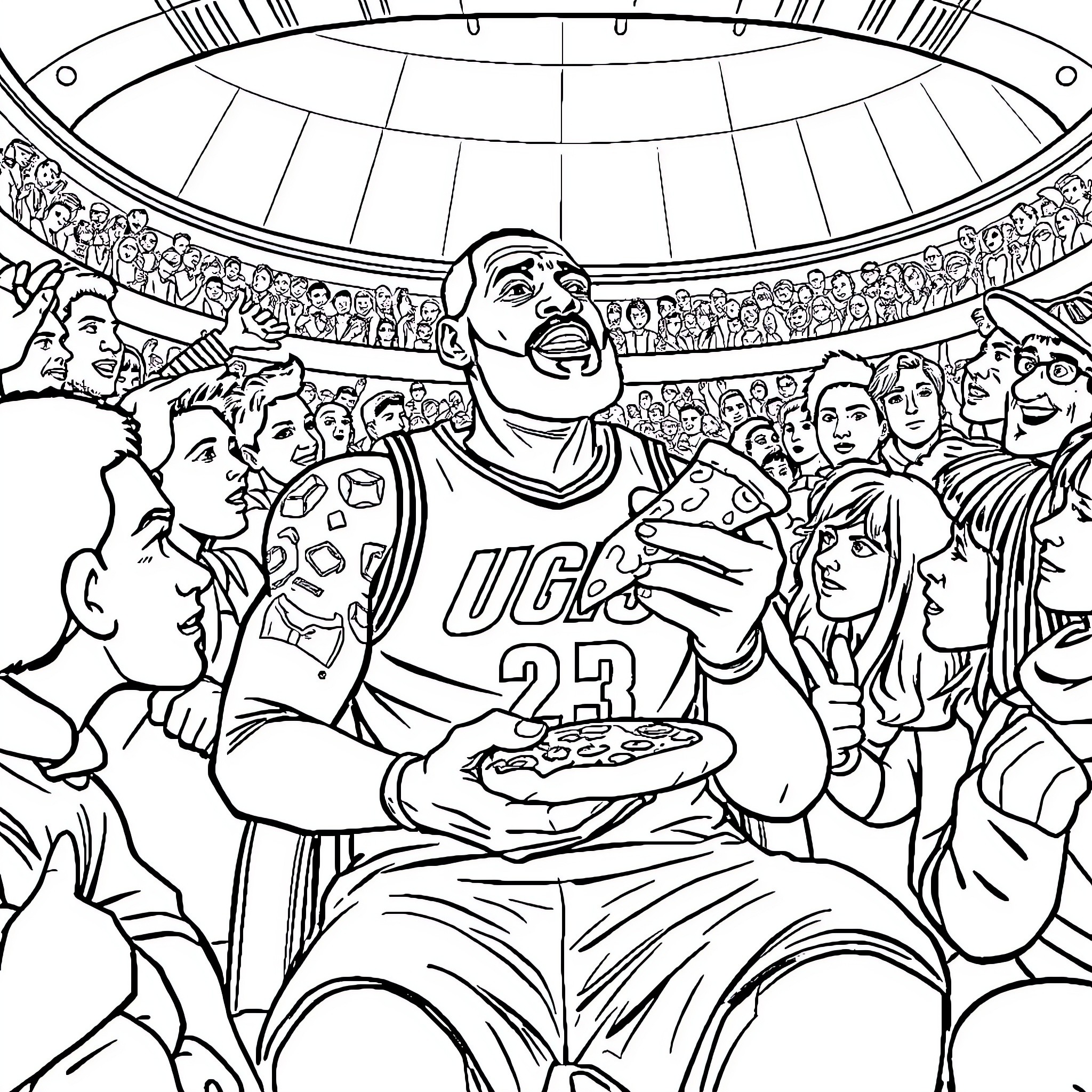 LeBron James celebrates victory with enthusiastic fans in stadium Coloring Page (free black-and-white line drawing printable PDF for all, from beginners to advanced learners, including children, teens, adults, and seniors)