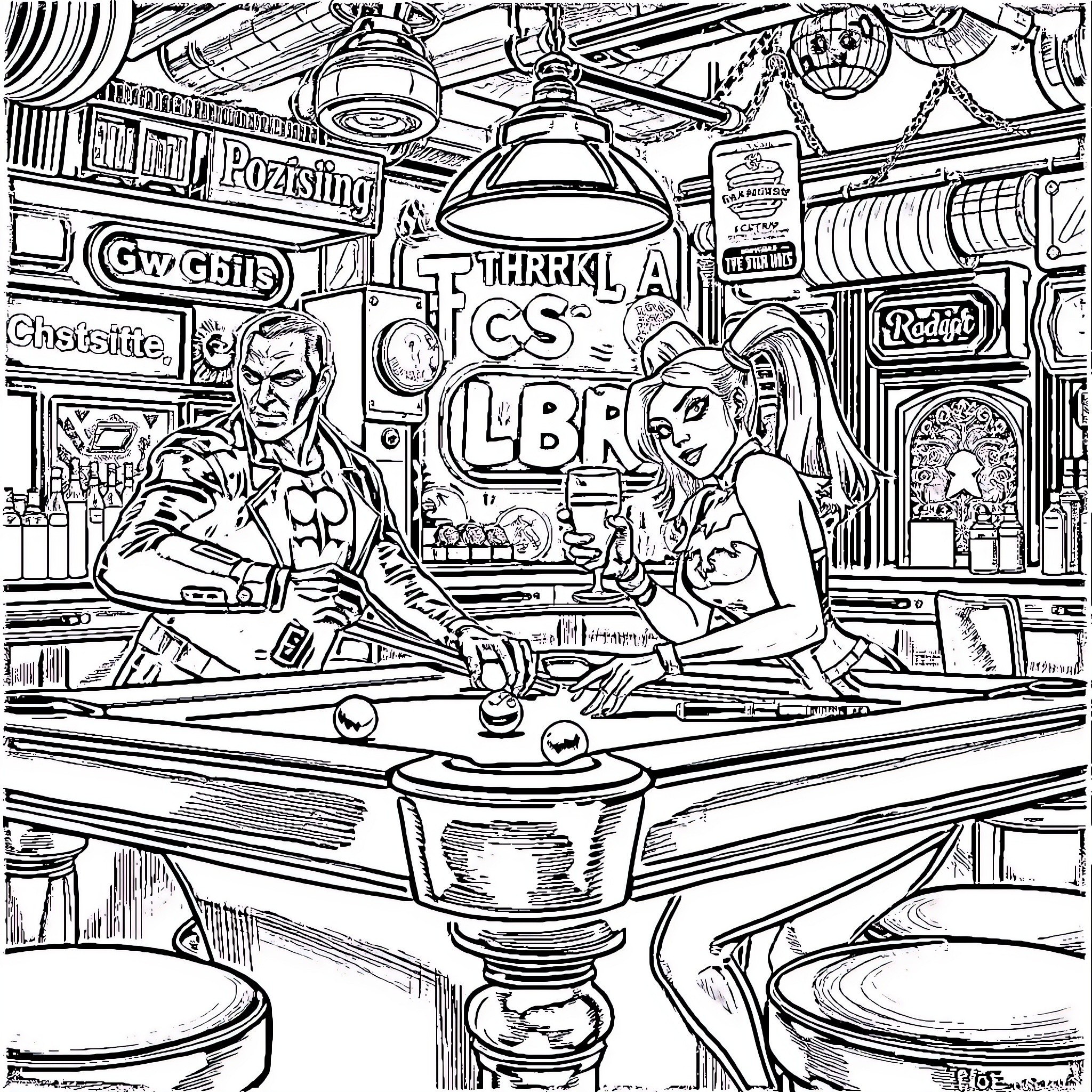 Deathstroke in an intense pool table showdown Coloring Page (free black-and-white line drawing printable PDF for all, from beginners to advanced learners, including children, teens, adults, and seniors)