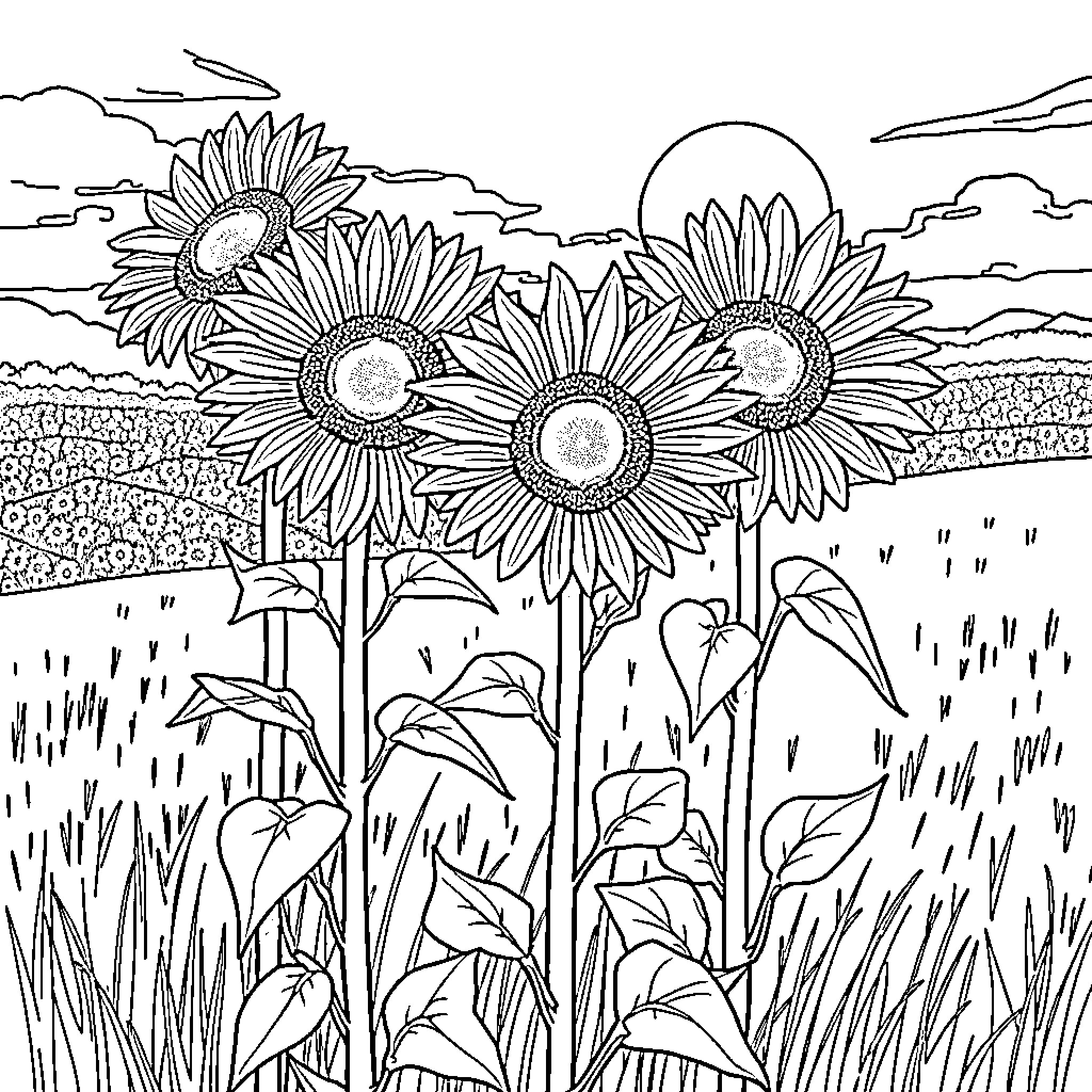 Sunflower field under a sunny sky Coloring Page (free black-and-white line drawing printable PDF for all, from beginners to advanced learners, including children, teens, adults, and seniors)