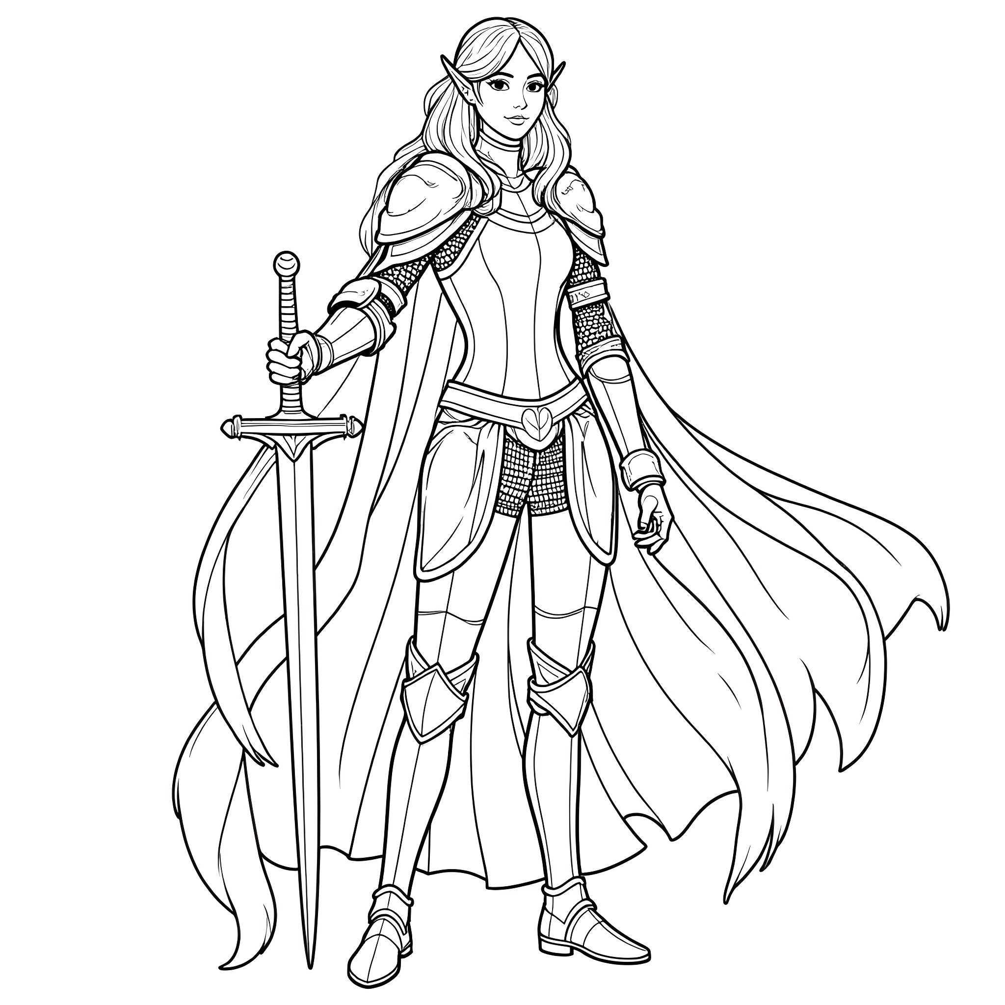 Elf warrior wielding a sword with determination Coloring Page (free black-and-white line drawing printable PDF for all, from beginners to advanced learners, including children, teens, adults, and seniors)