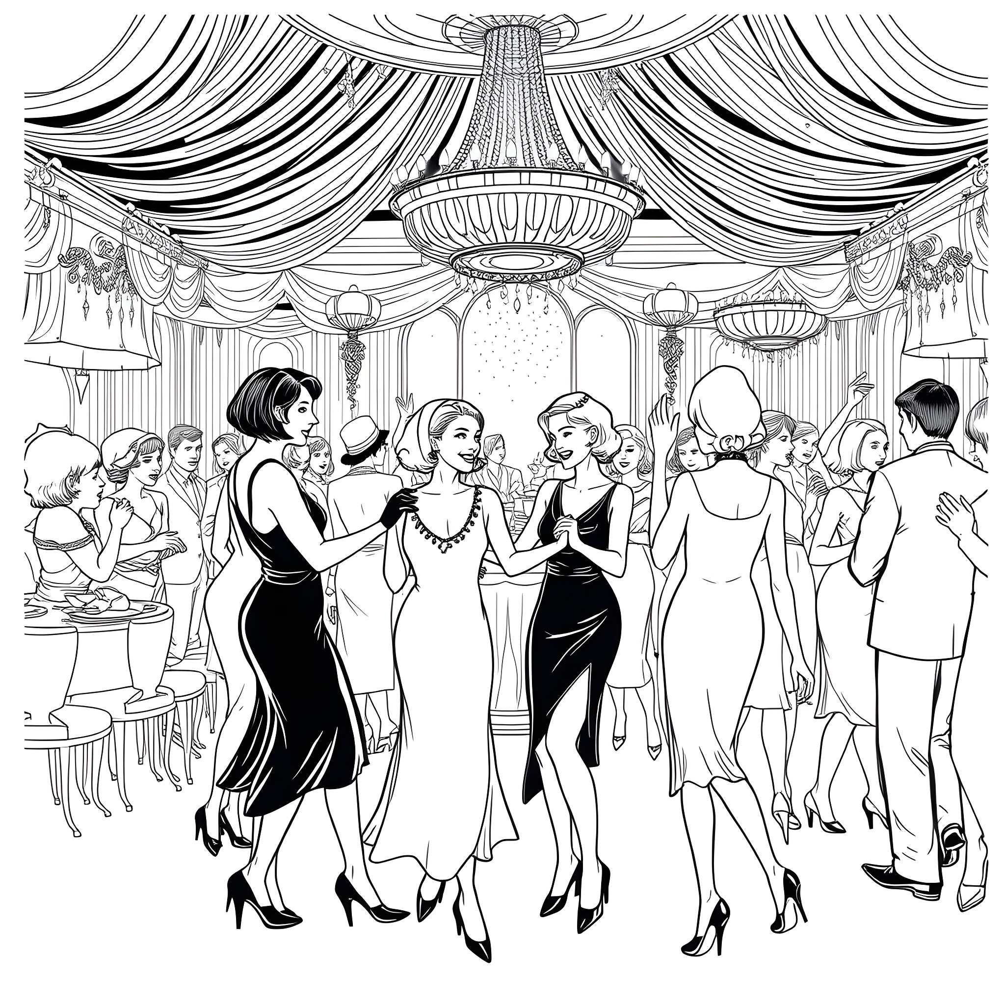 Women dancing elegantly at a grand ballroom event Coloring Page (free black-and-white line drawing printable PDF for all, from beginners to advanced learners, including children, teens, adults, and seniors)