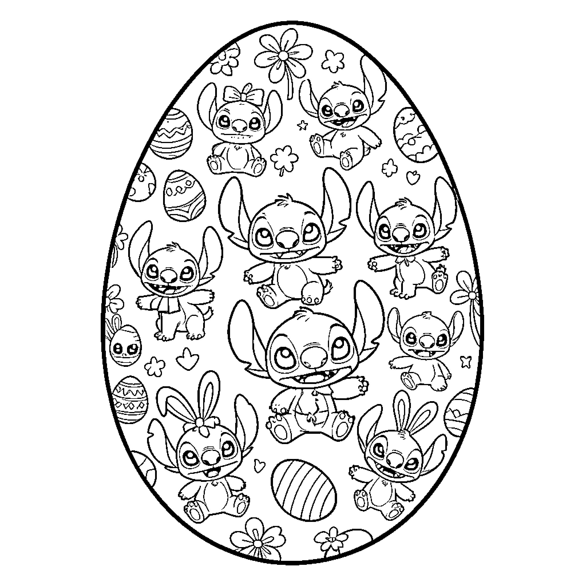 Oeuf with Playful Stitch Characters Coloring Page (free black-and-white line drawing printable PDF for all, from beginners to advanced learners, including children, teens, adults, and seniors)