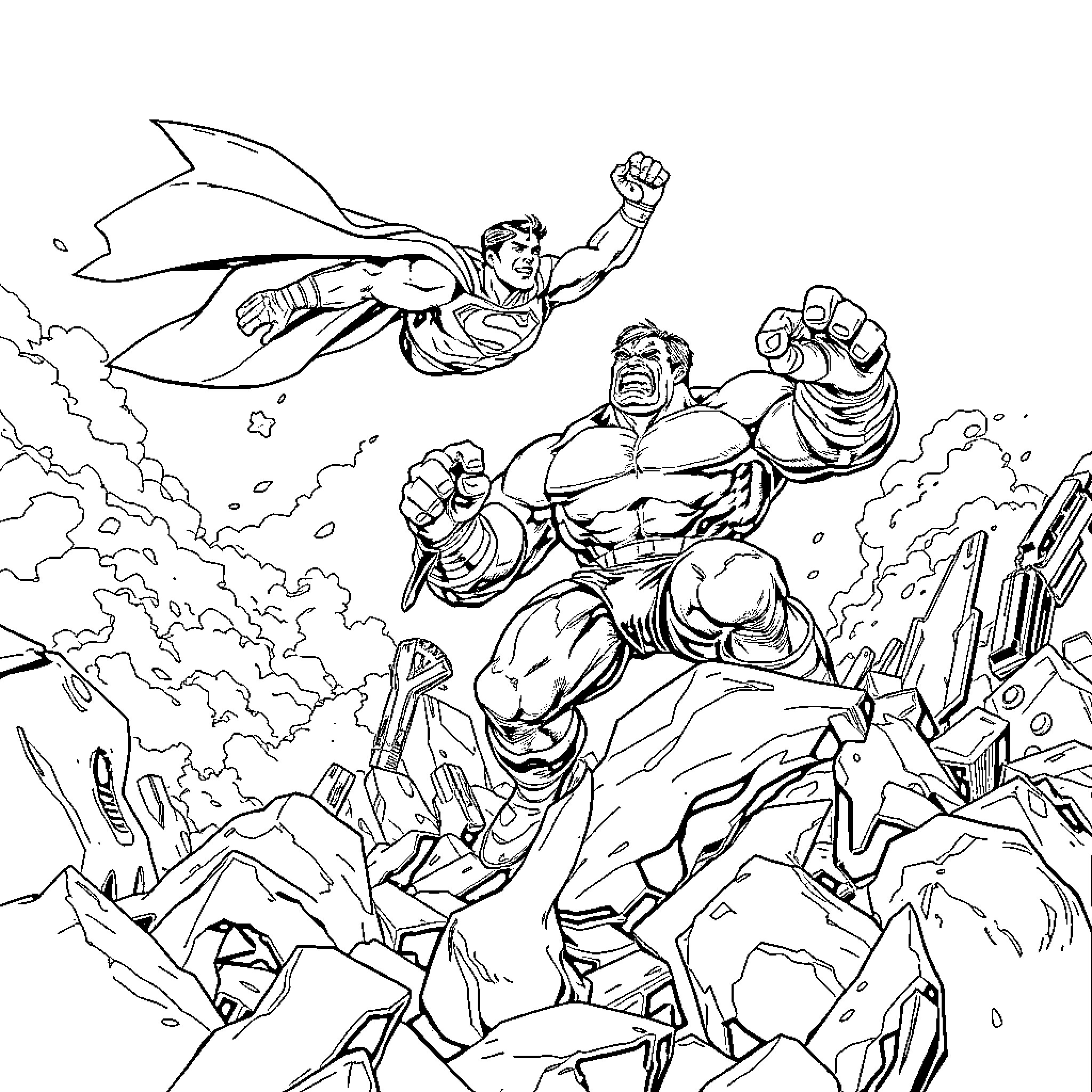Superman facing off against powerful foe Coloring Page (free black-and-white line drawing printable PDF for all, from beginners to advanced learners, including children, teens, adults, and seniors)