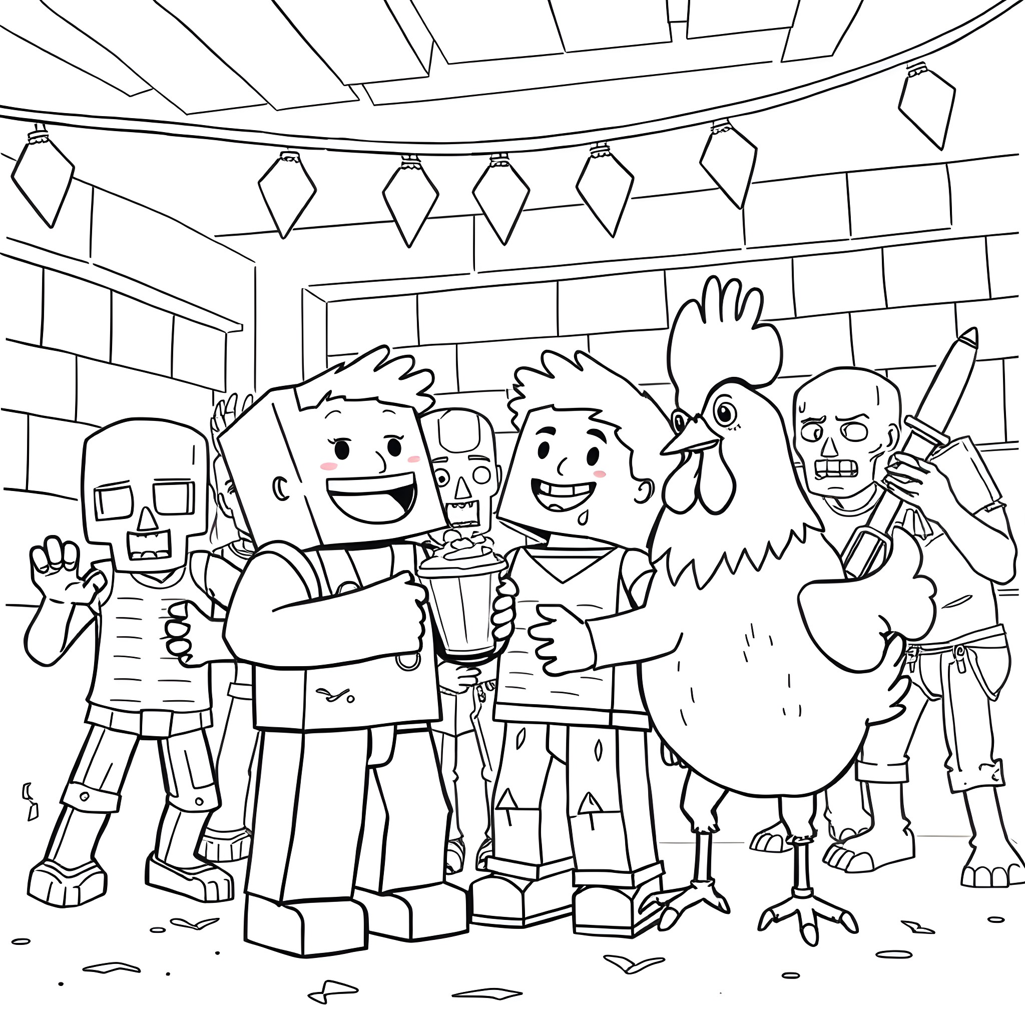 Creeper characters in a quirky and whimsical scene Coloring Page (free black-and-white line drawing printable PDF for all, from beginners to advanced learners, including children, teens, adults, and seniors)