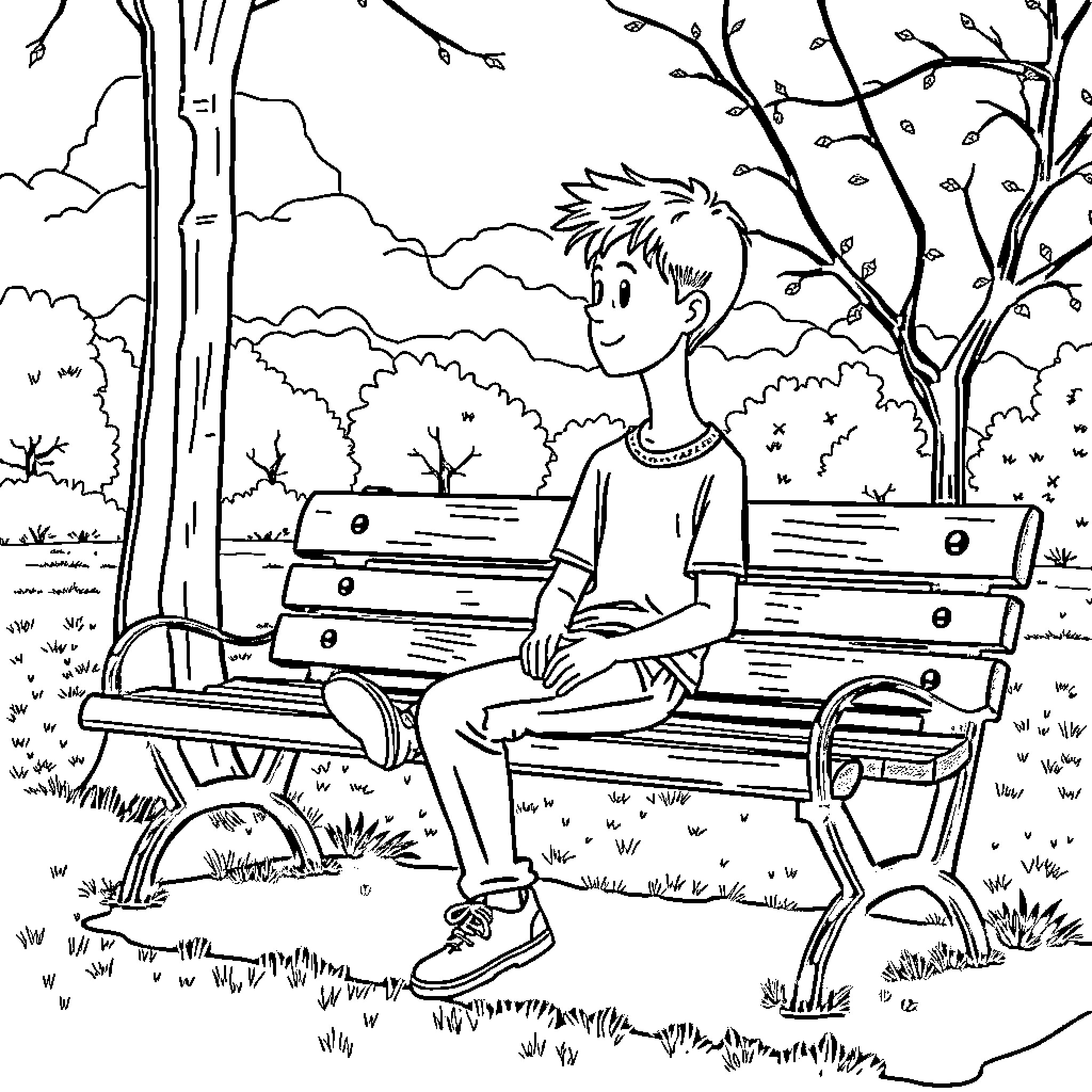 Adam enjoying a peaceful day in the park Coloring Page (free black-and-white line drawing printable PDF for all, from beginners to advanced learners, including children, teens, adults, and seniors)