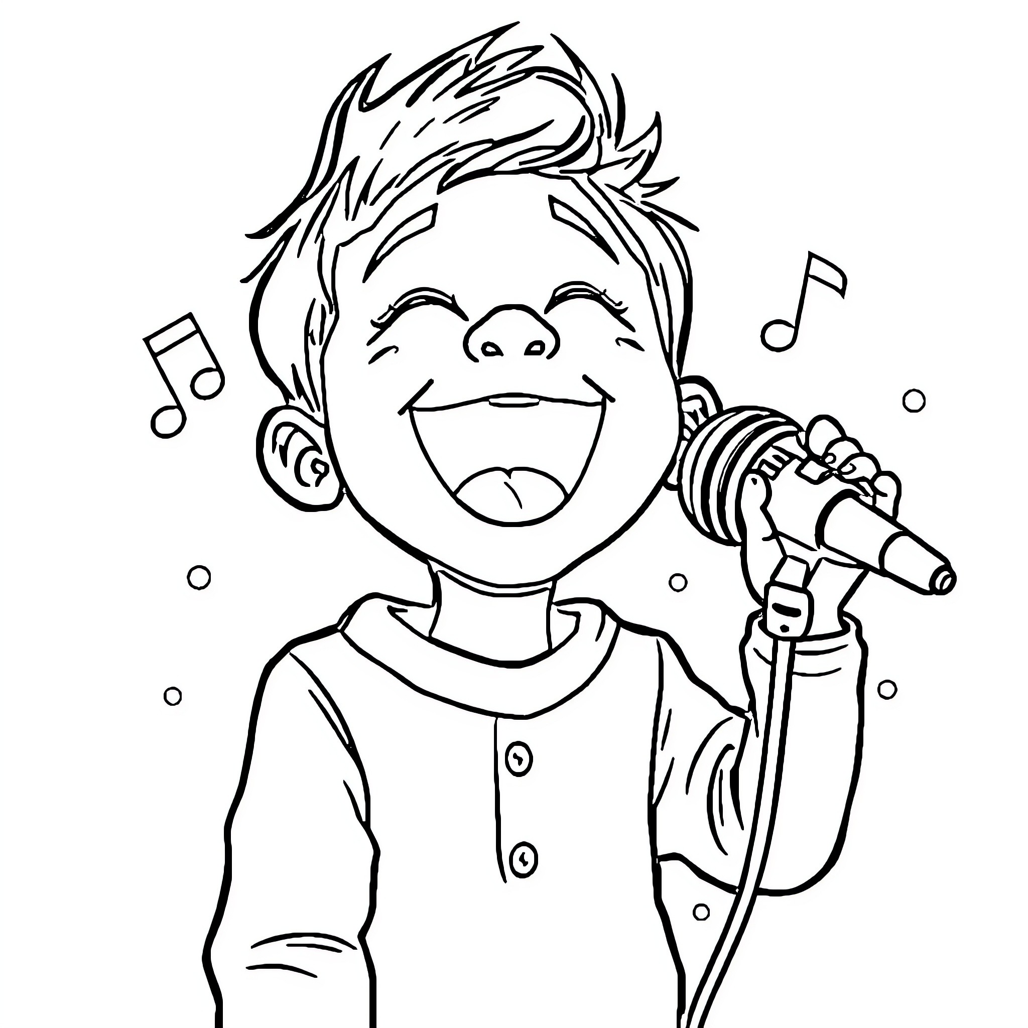 Child singing happily on stage with microphone Coloring Page (free black-and-white line drawing printable PDF for all, from beginners to advanced learners, including children, teens, adults, and seniors)