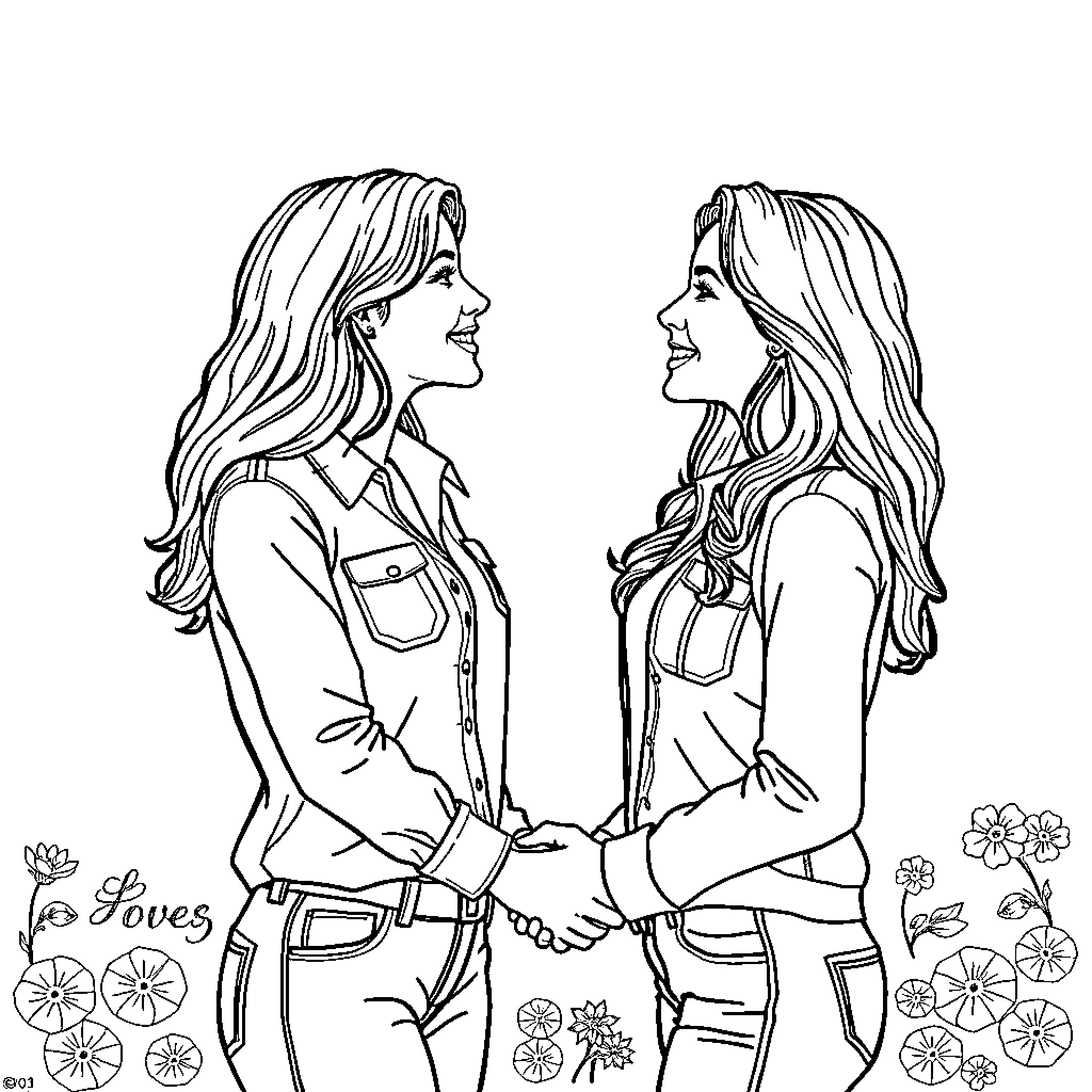 Lesbian Couple Embracing in Affectionate Moment Coloring Page (free black-and-white line drawing printable PDF for all, from beginners to advanced learners, including children, teens, adults, and seniors)