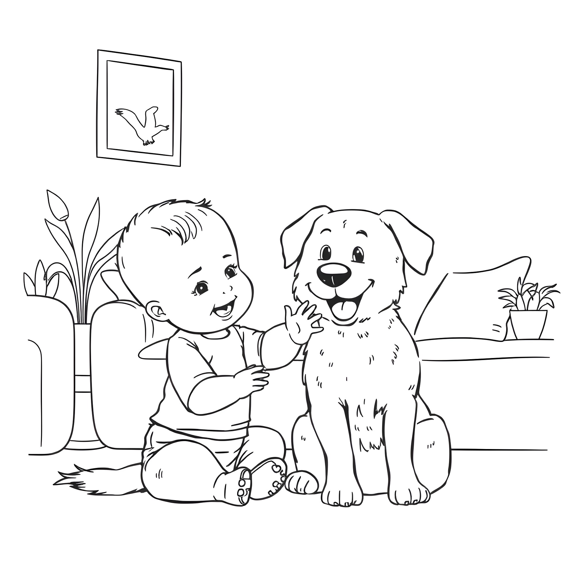 Baby playing with a friendly dog in the room Coloring Page (free black-and-white line drawing printable PDF for all, from beginners to advanced learners, including children, teens, adults, and seniors)