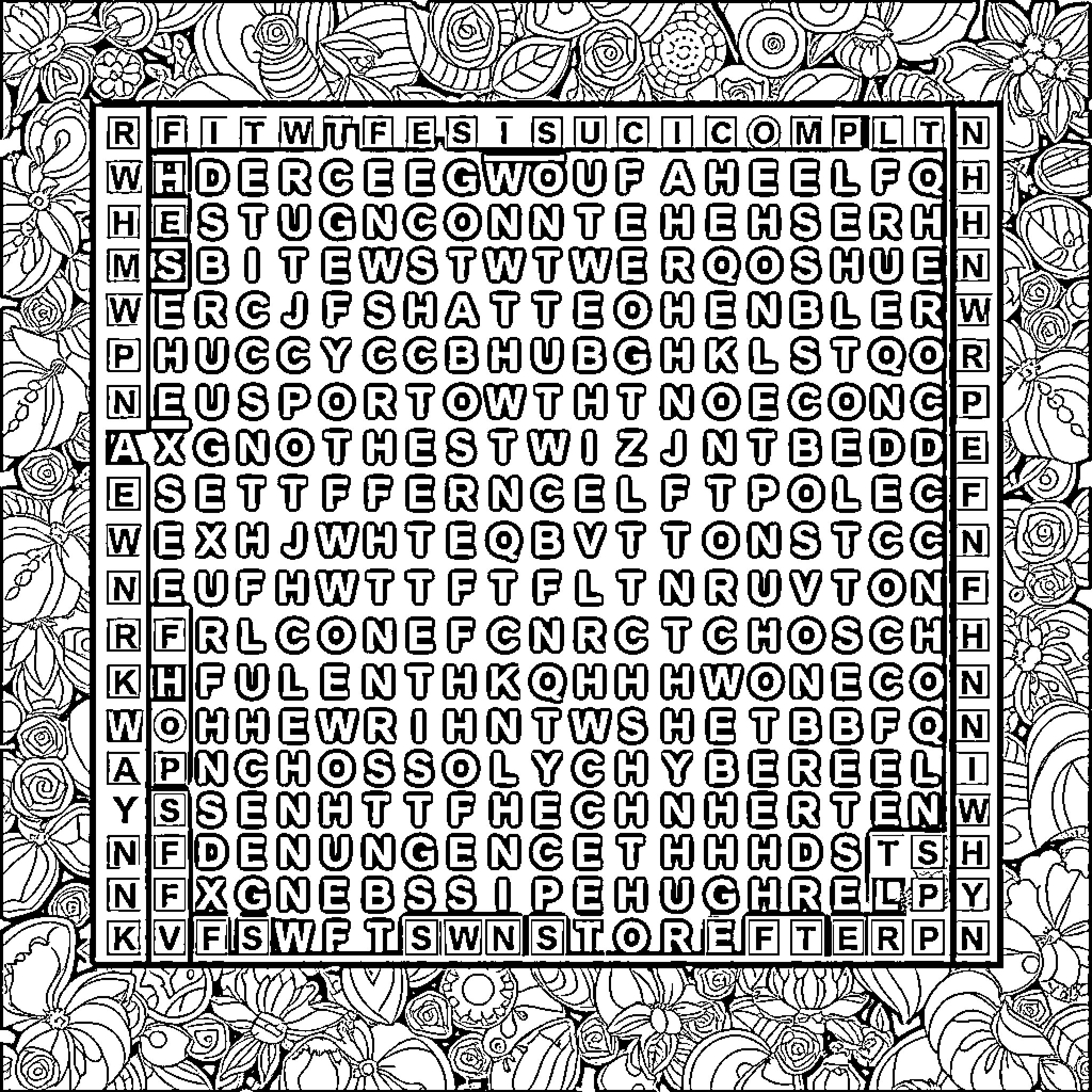 Wordsearch with intricate floral designs Coloring Page (free black-and-white line drawing printable PDF for all, from beginners to advanced learners, including children, teens, adults, and seniors)
