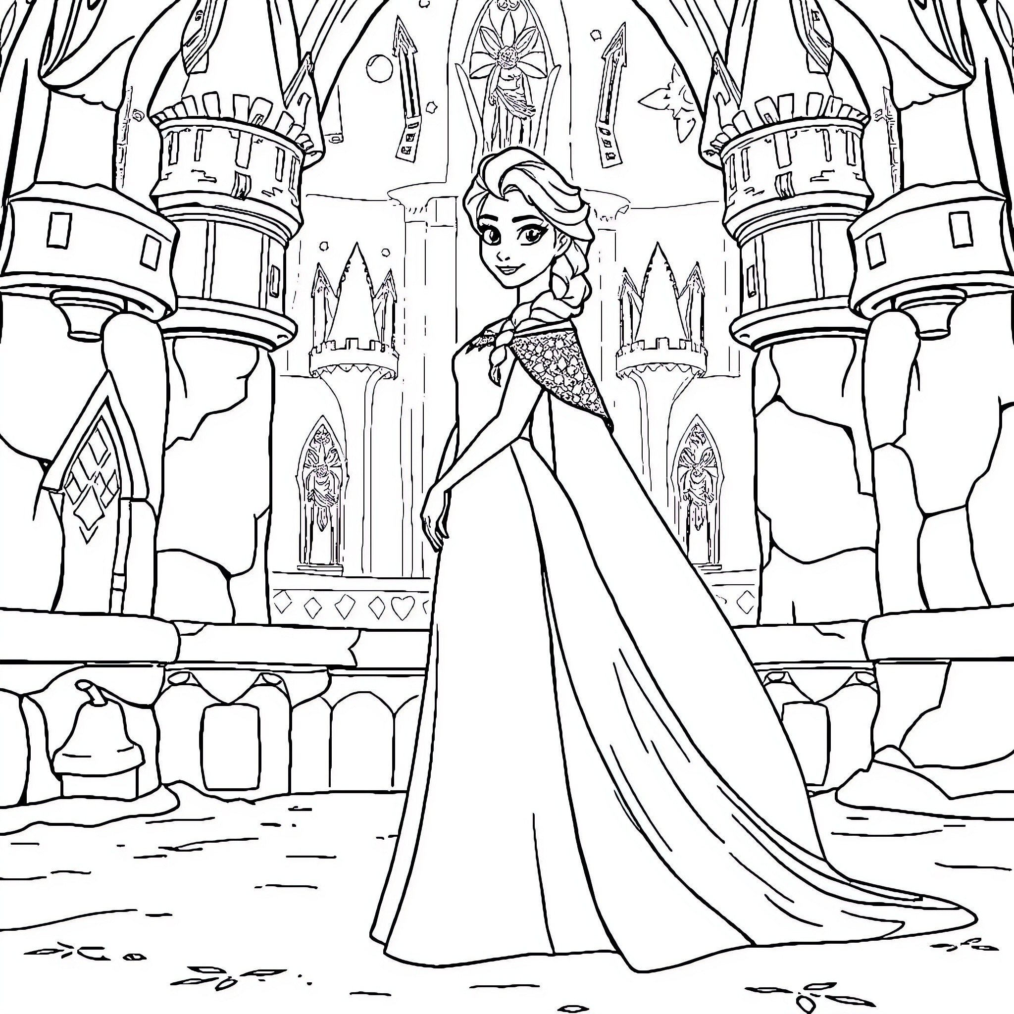 Elsa's Enchanting Castle Adventure Coloring Page (free black-and-white line drawing printable PDF for all, from beginners to advanced learners, including children, teens, adults, and seniors)