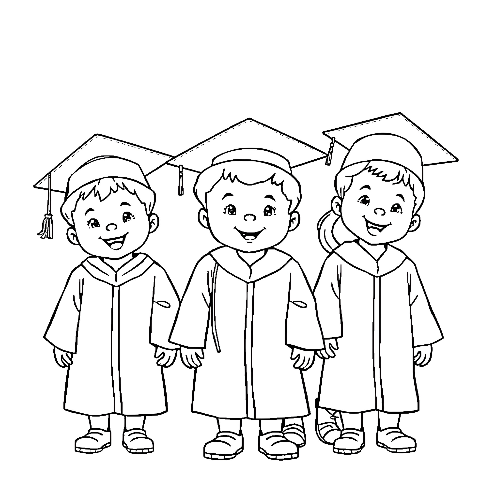 Preschoolers in Graduation Gowns and Caps Coloring Page (free black-and-white line drawing printable PDF for all, from beginners to advanced learners, including children, teens, adults, and seniors)