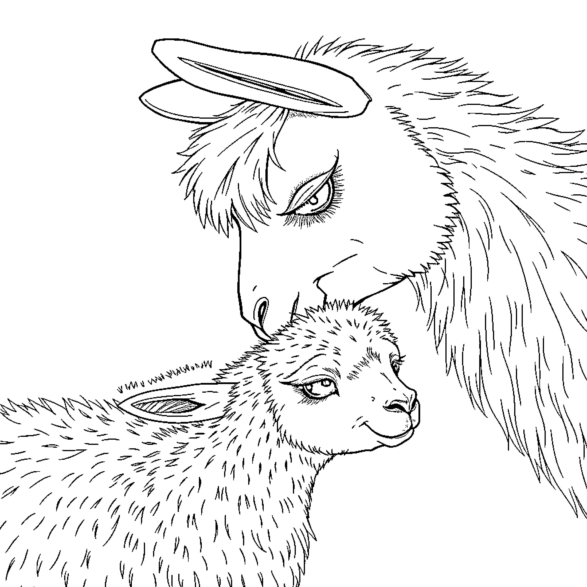 Llama with Halo and Lamb Coloring Page (free black-and-white line drawing printable PDF for all, from beginners to advanced learners, including children, teens, adults, and seniors)