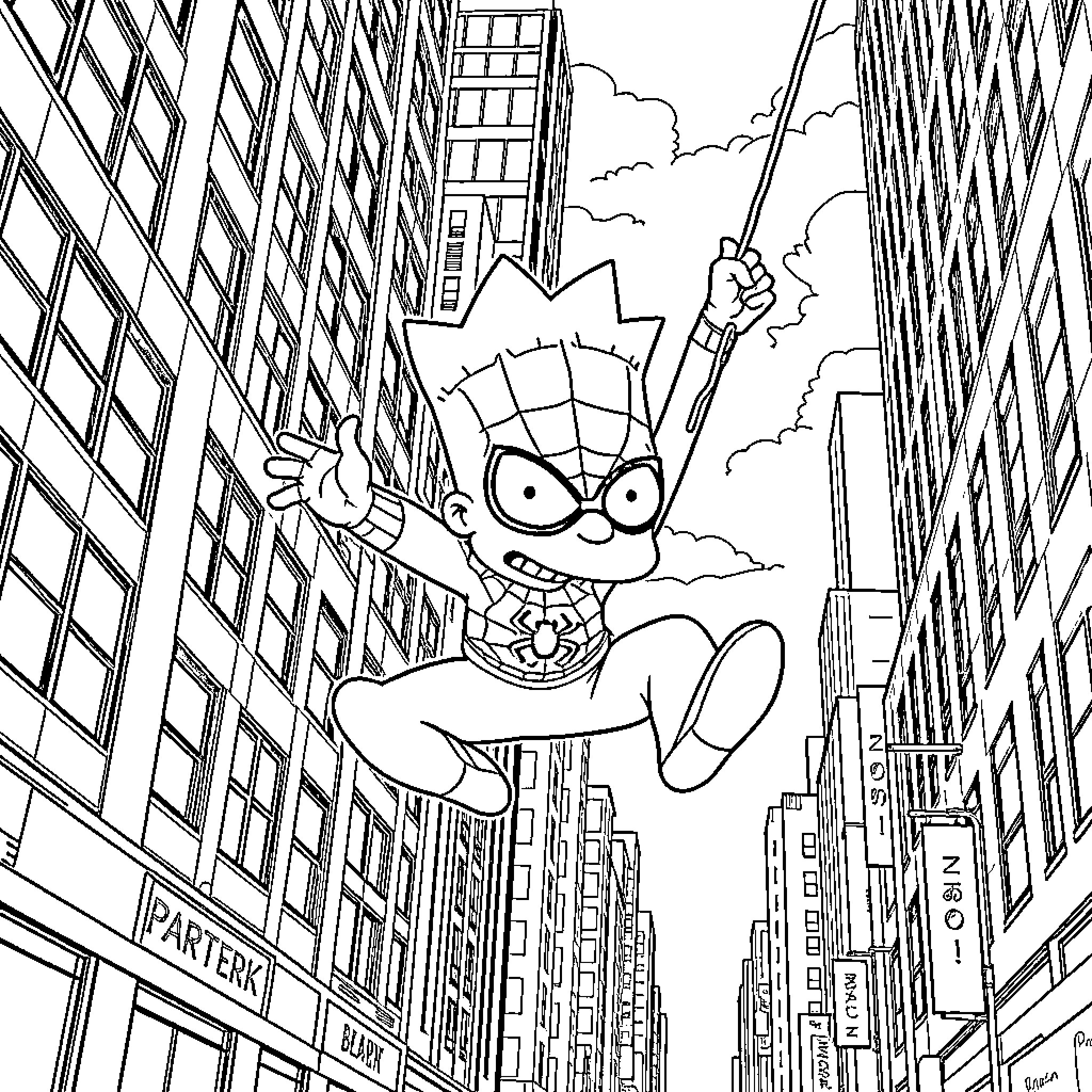 Bart Simpson leaping through the skyscrapers Coloring Page (free black-and-white line drawing printable PDF for all, from beginners to advanced learners, including children, teens, adults, and seniors)