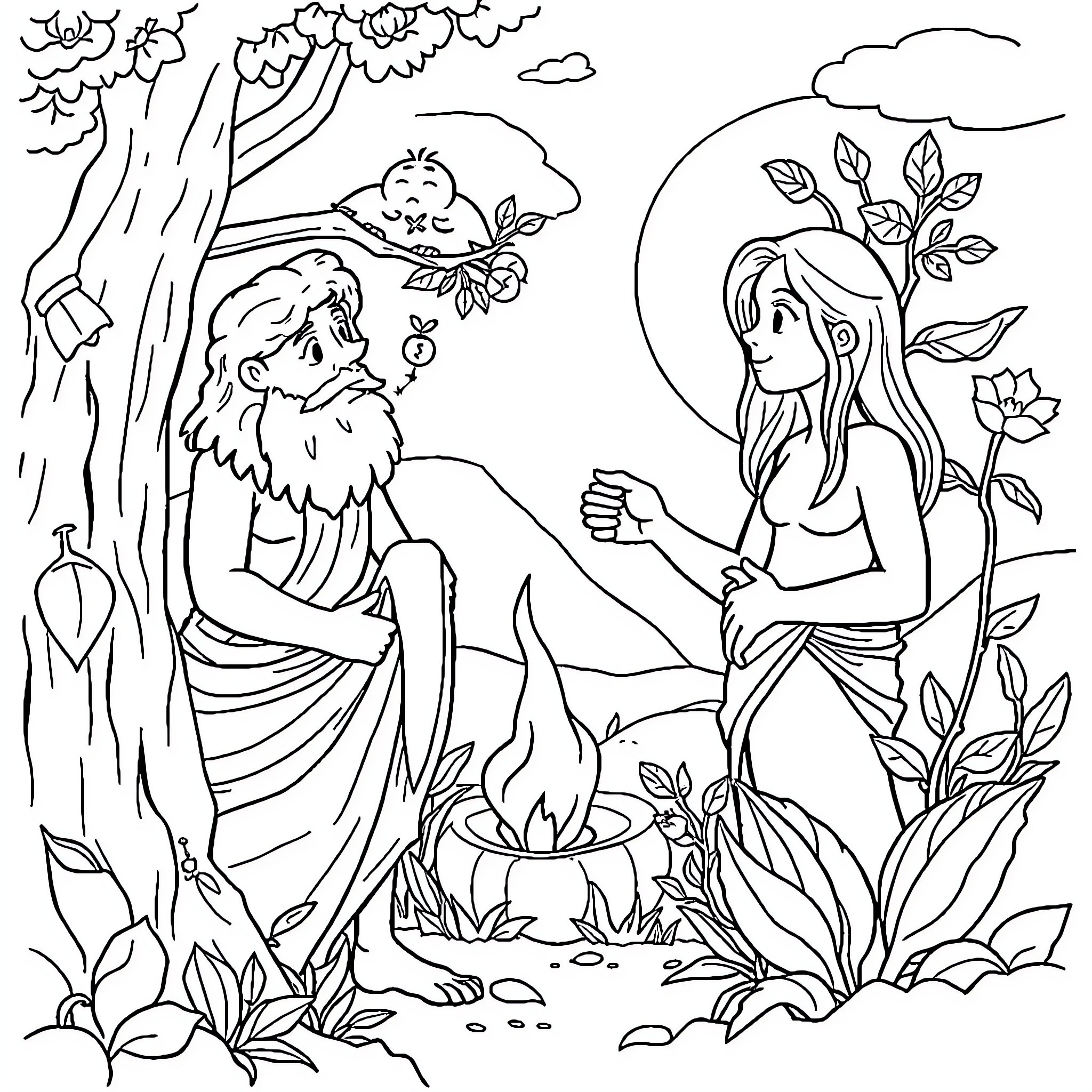 Adam and Eve at the Garden of Eden Coloring Page (free black-and-white line drawing printable PDF for all, from beginners to advanced learners, including children, teens, adults, and seniors)