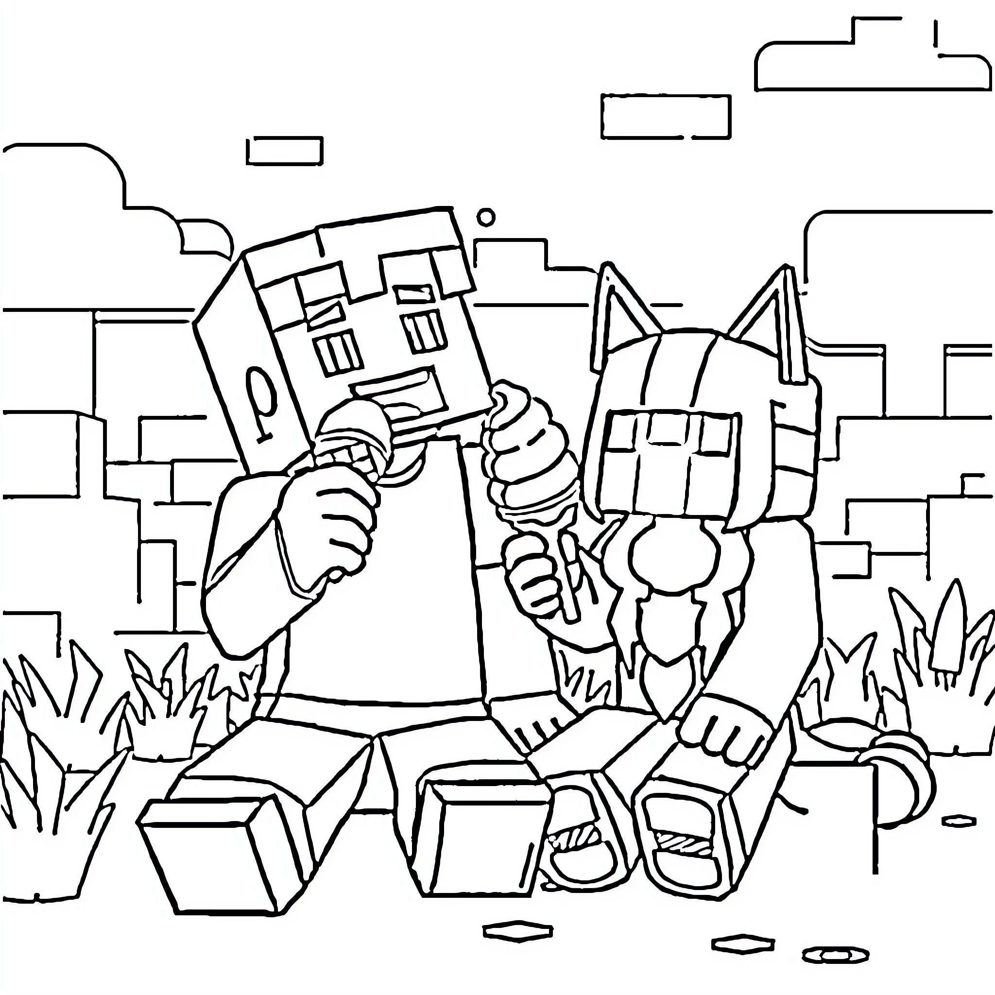 Athos characters exploring in a village Coloring Page (free black-and-white line drawing printable PDF for all, from beginners to advanced learners, including children, teens, adults, and seniors)