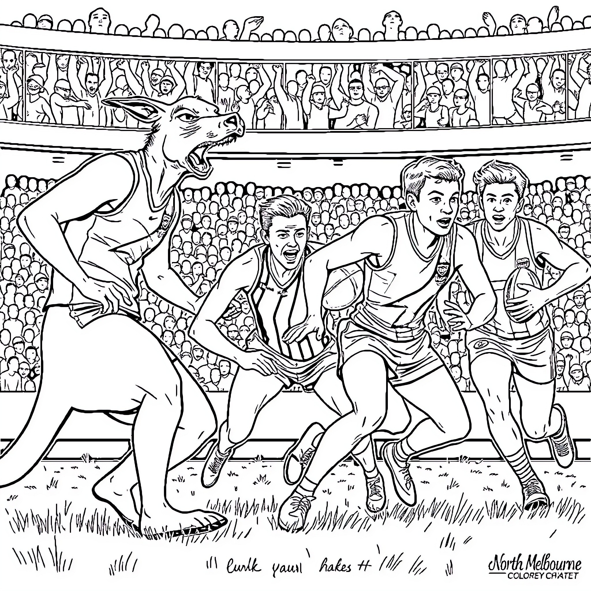 Kangaroo presiding over a sports game Coloring Page (free black-and-white line drawing printable PDF for all, from beginners to advanced learners, including children, teens, adults, and seniors)