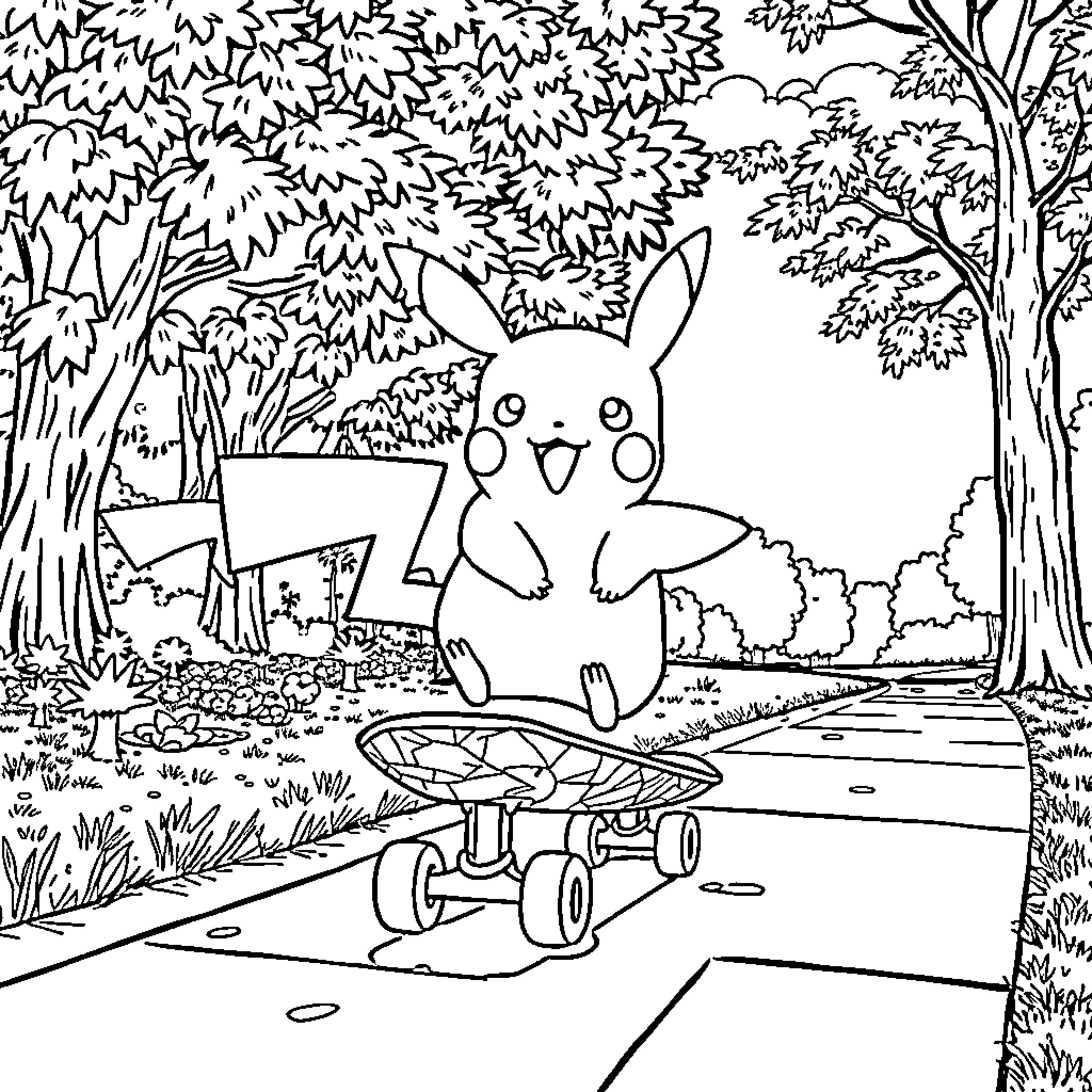 Pikachu happily riding a skateboard in the forest Coloring Page (free black-and-white line drawing printable PDF for all, from beginners to advanced learners, including children, teens, adults, and seniors)